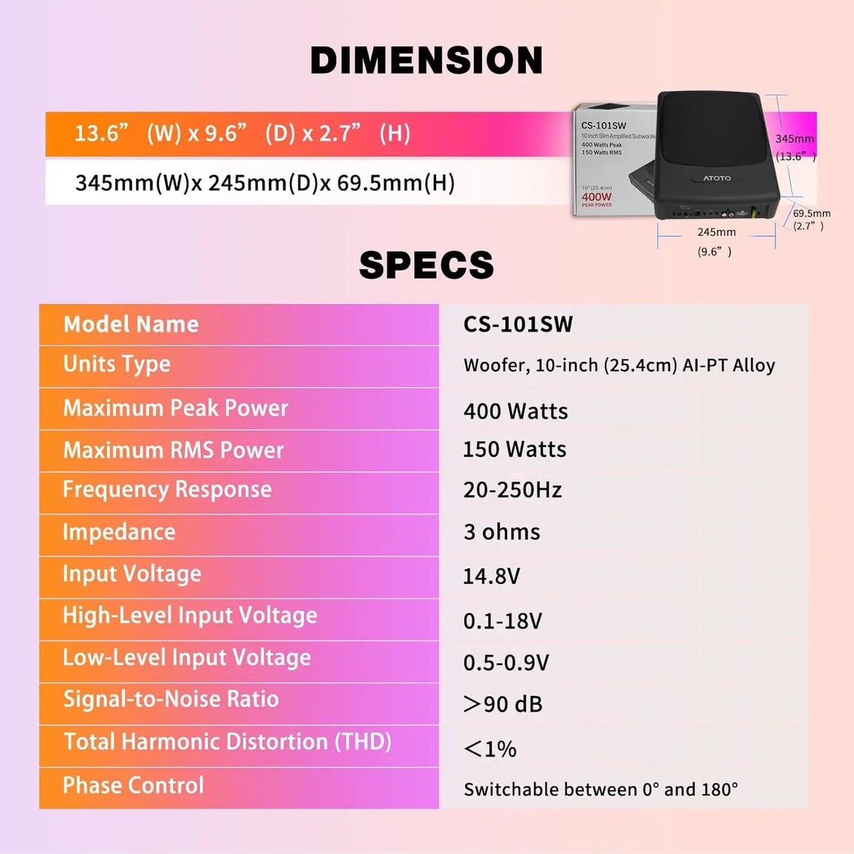 ATOTO 10 inch Under Seat Powered Car Subwoofer with Built-in Amp, Ultra Slim Active Amplified Subwoofer with Variable Bass Boost, 400W Max Power, Remote Sub Control
