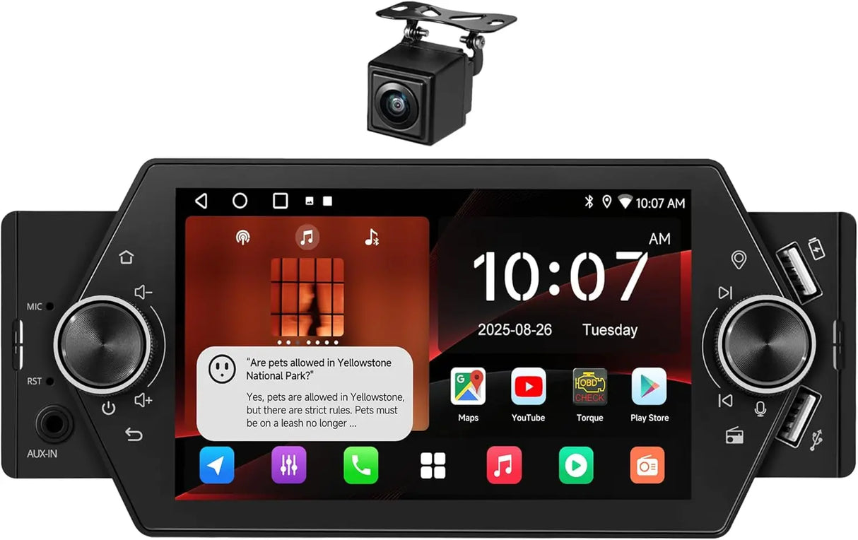 ATOTO A5LG1A5T 5" Single Din Android Car Stereo, 2G+32G, Wireless CarPlay & Android Auto, Touchscreen, Wi-Fi/BT/USB Tethering, MirrorLink, FM/RDS Radio, GPS, Voice Control, Live Rear View