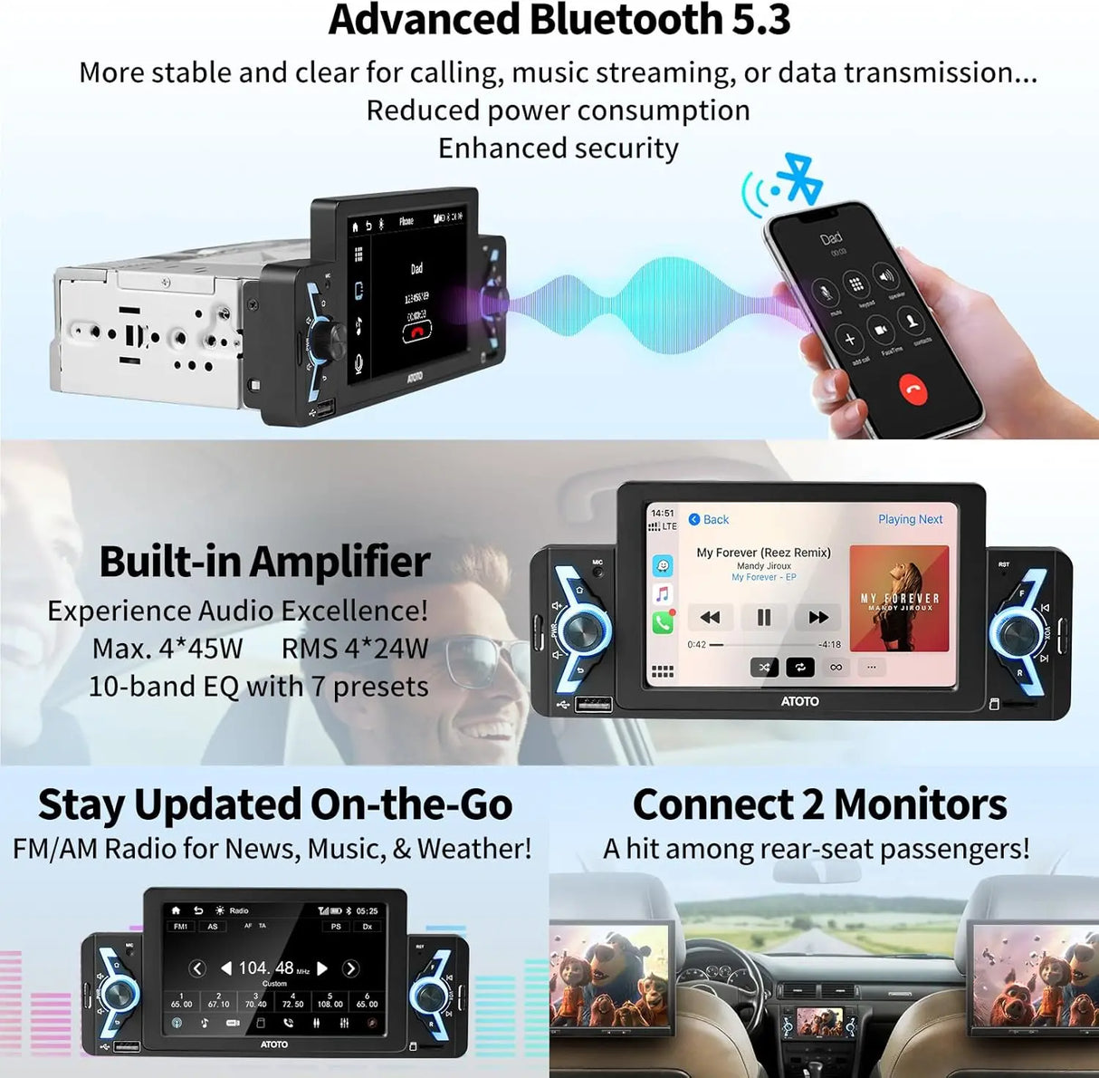 ATOTO F7WE 5inch Single Din Car Stereo Receivers, Wireless CarPlay & Wireless Android Auto, Bluetooth 5.3 IPS Touch Screen Car Radio &DBEF Tech, FM/AM/USB, Phone Link, Voice Assistant, F7G1A5WE-2024