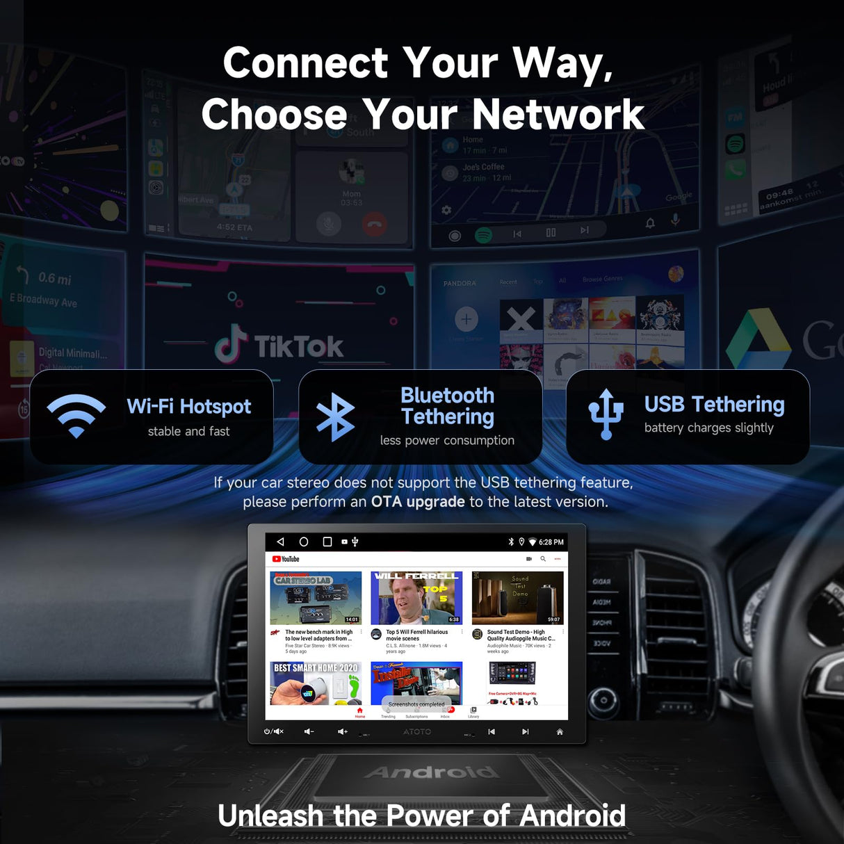 ATOTOEXCEL A5L 10.1 inch Double DIN &Single DIN Adaptive Android Car Stereo, Wireless CarPlay, Android Auto IPS Floating Screen Head Unit, 24-Band EQ, GPS Tracker, Backup Camera, HD LRV, 2G+32G