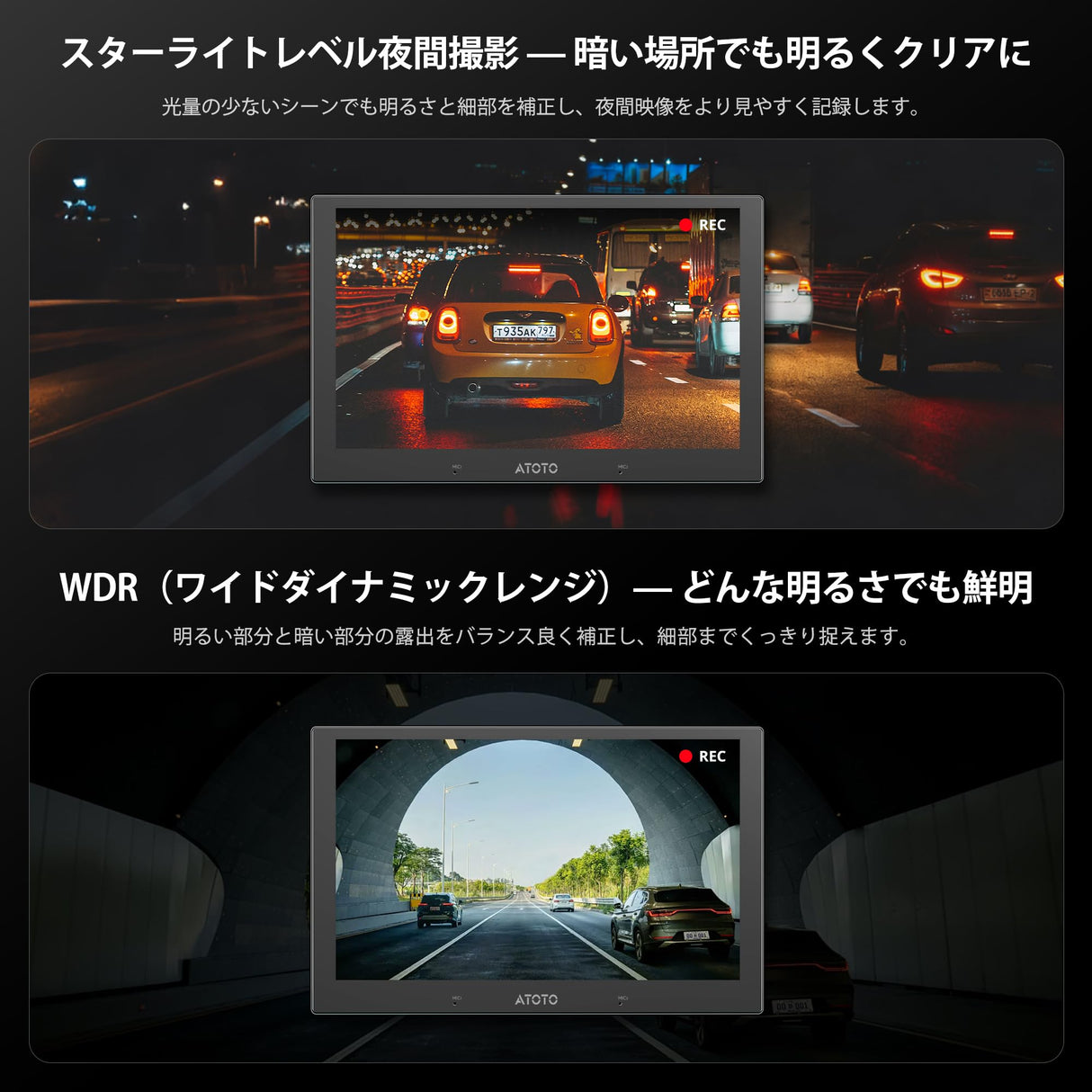 ATOTO AC-HN9FR 前方ドライブレコーダー｜AHD 1080p・30fps・スターライト夜間撮影・WDR・136°広角・Gセンサー・駐車監視・ループ録画・GPS軌跡再生・V10シリーズ対応
