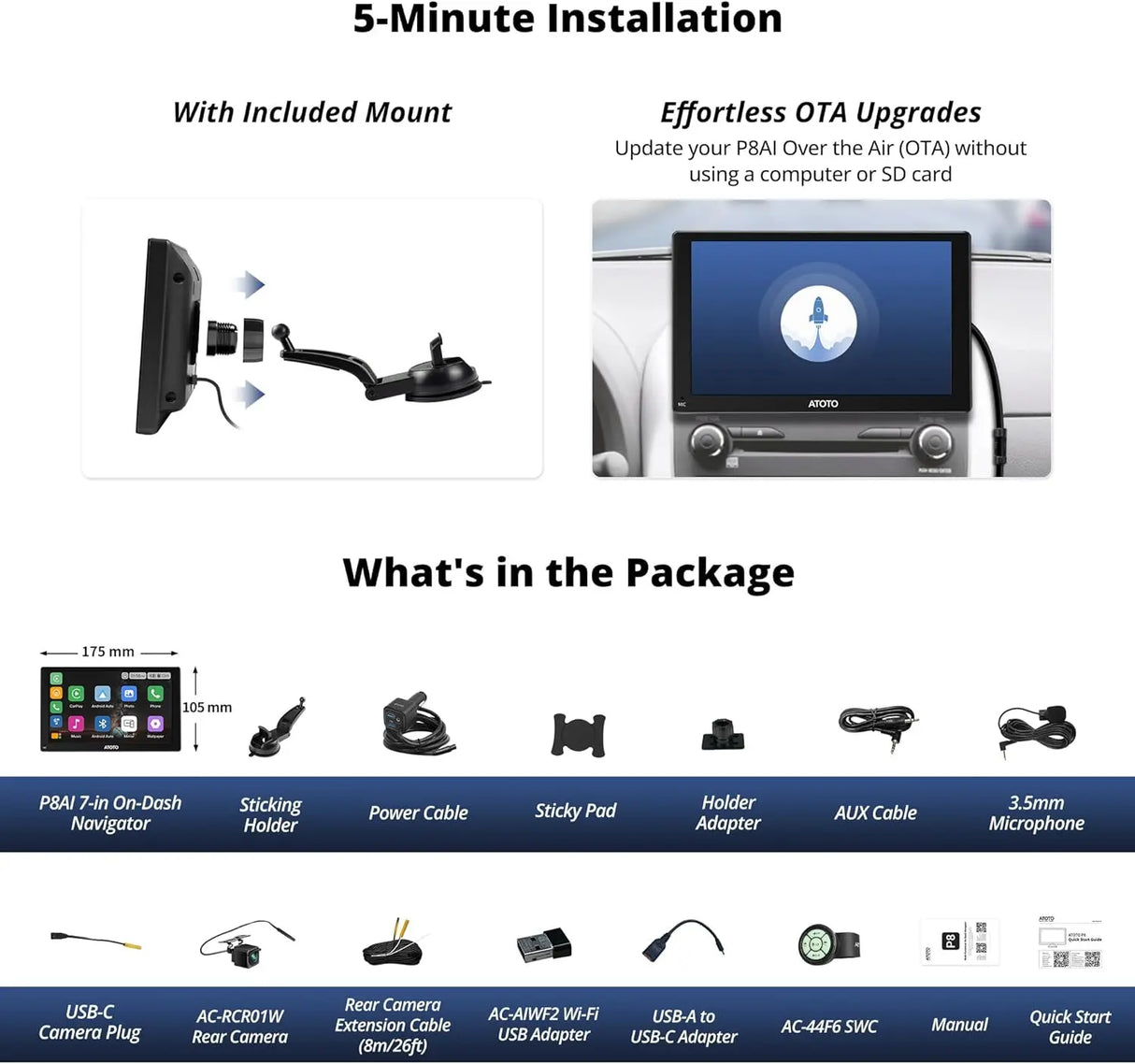 ATOTO P807SD 7" Portable Wireless Car Stereo with HD 1080P WDR Rear Camera, QLED Glare-Suppressing Touchscreen, Wireless CarPlay & Android Auto, OTA Upgrade, Remote Control & FM/AUX Output