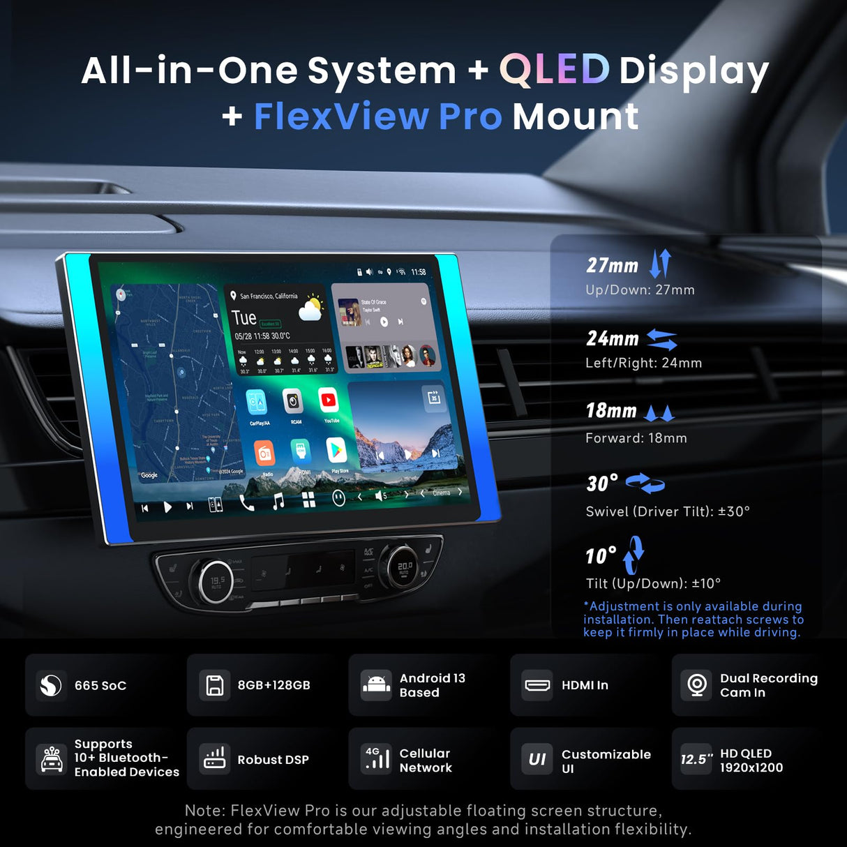 ATOTO X10G125E-R3 12.5" QLED Radio Android 1 DIN/2 DIN con 2 Cámaras de Grabación, HDMI IN, Pantalla Flexview, 8+128G, Sonido 7.1.2CH, 4G LTE, WiFi Dual, CarPlay & Android Auto inalámbricos