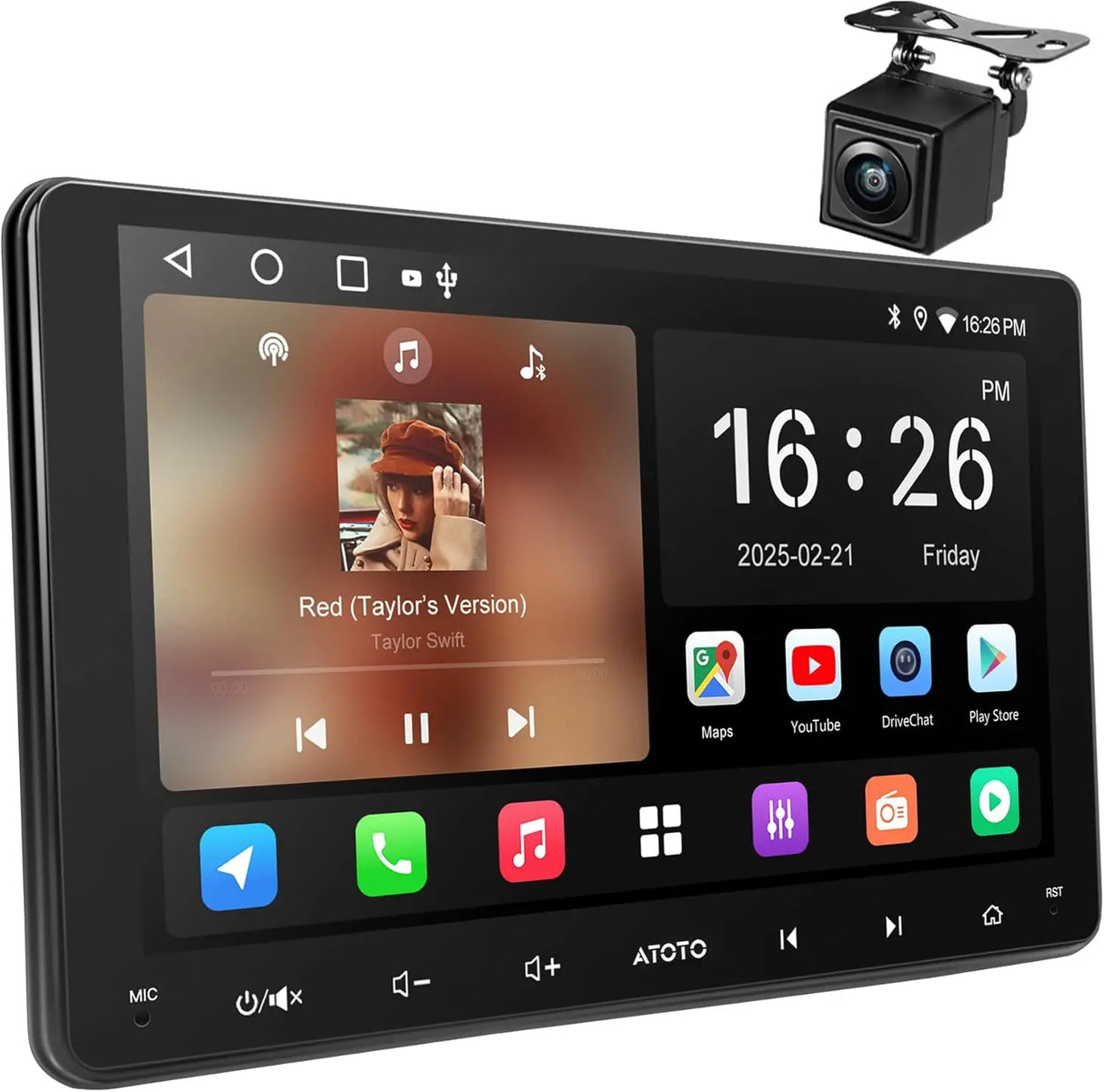 ATOTO A5LG209T 9" Double DIN Car Stereo, Touchscreen, Backup Camera, 2+32G, Wireless CarPlay and Android Auto, GPS, WiFi, Bluetooth, 24-Band EQ, USB