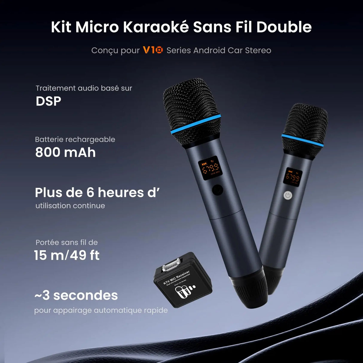 ATOTO AC-MICW2 Kit microphone sans fil – Deux micros karaoké rechargeables avec récepteur, faible latence, portée 15 m, autonomie 6h, compatible avec autoradios série V10