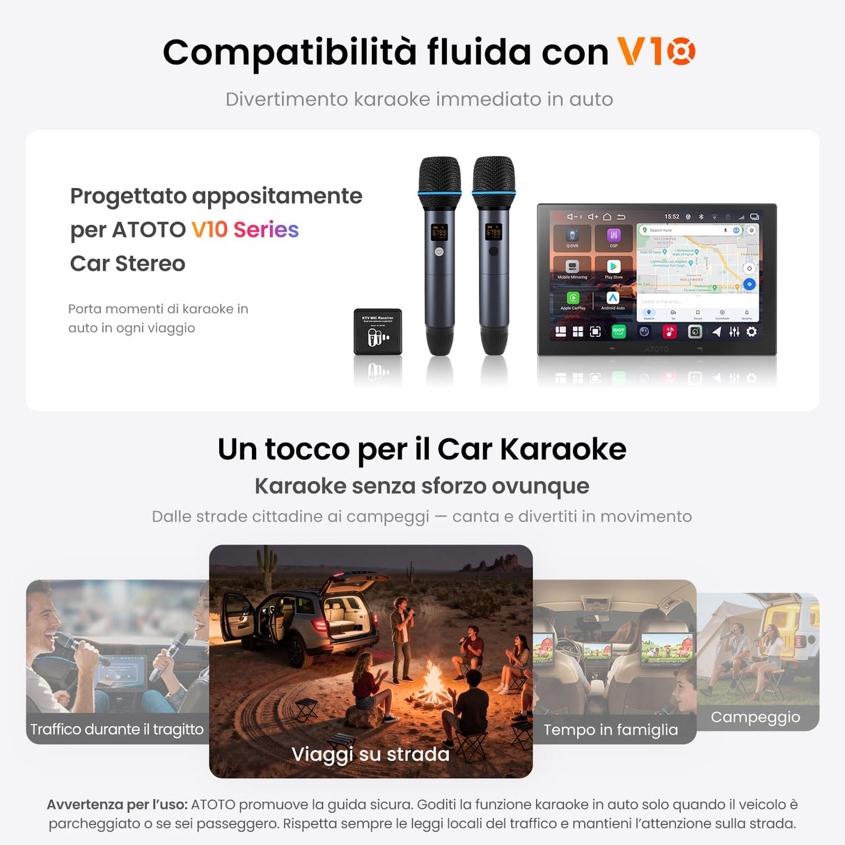 ATOTO AC-MICW2 Kit microfono wireless – Doppio microfono karaoke ricaricabile con ricevitore, bassa latenza, portata 15m, 6h durata, compatibile con autoradio serie V10