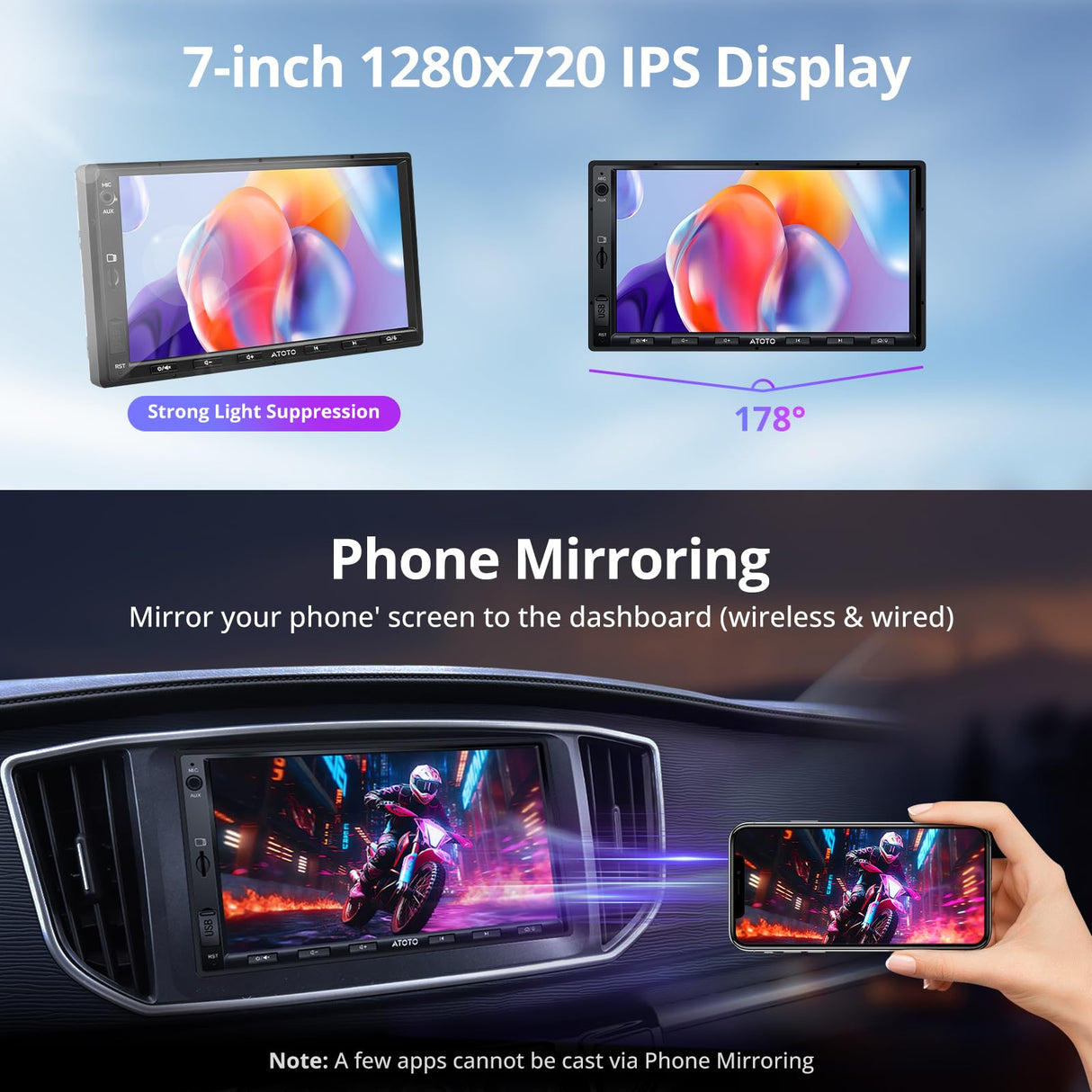 ATOTO A5LG2A7T 7" Android Double DIN Car Stereo, Wireless CarPlay&Android Auto, Wi-Fi/BT/USB Tethering, Bluetooth, 24B-EQ DSP, SCVC, GPS Tracking, MirrorLink, FM/AM/TF, 2G+32G