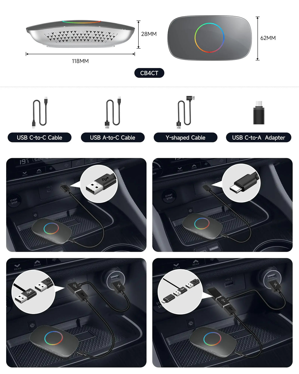 ATOTO CB4CT Android Box【AI Box ワイヤレスアダプター】CarPlay・Android Auto対応 2GB+16GB 動画配信対応（YouTube/Hulu/Spotify） 車載マルチメディアボックス デュアルWi-Fi・デュアルBluetooth AIアシスタント HDMI出力 USB対応 プラグ＆プレイ OTAアップデート OBD II搭載 モデル