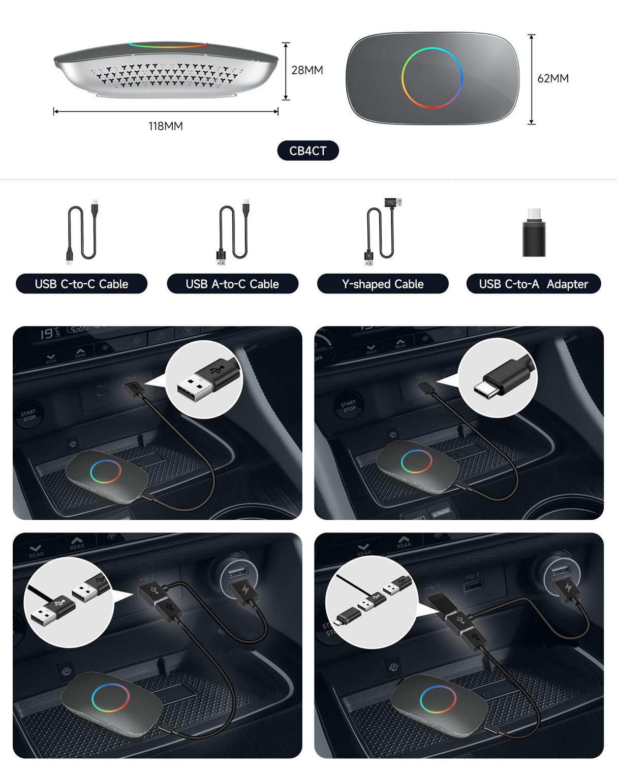 ATOTO CB4CT Android Box【AI Box ワイヤレスアダプター】CarPlay・Android Auto対応 2GB+16GB 動画配信対応（YouTube/Hulu/Spotify） 車載マルチメディアボックス デュアルWi-Fi・デュアルBluetooth AIアシスタント HDMI出力 USB対応 プラグ＆プレイ OTAアップデート OBD II搭載 モデル