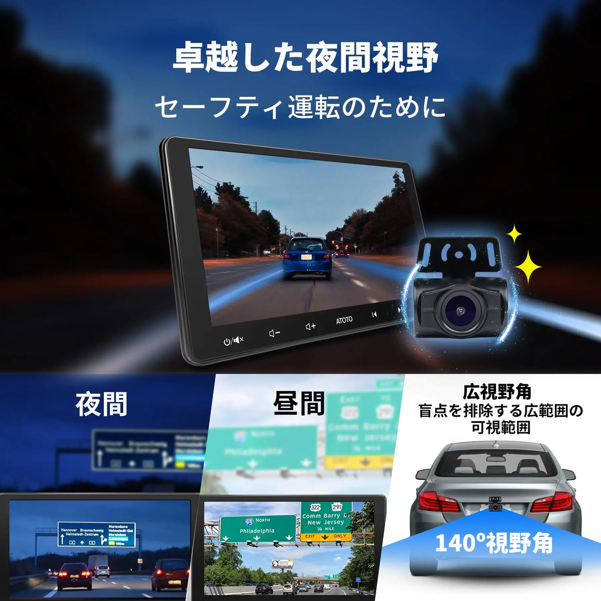 ATOTO WRC-HD10LR ワイヤレスバックアップカメラ 140°広視野角ナイトビジョン AHD 720P 車/SUV/トラック用安定信号進行リアビューカメラ