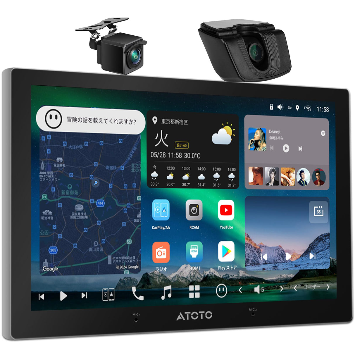 [10インチ QLED] ATOTOZONE X10 AI アンドロイドナビ，8G+128G， ダブルDINオーディオディスプレイ，デュアルカメラ入力 ，ワイヤレス Carplay & Android Auto，4G LTE，GPS トラッキング，デュアルフォン接続，2 Bluetooth, 36B-EQ，HDMI入力 ，スプリット・スクリーン