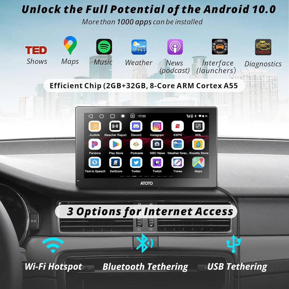 ATOTO P9 7-Zoll Android Navigationssystem | QLED-Display | 2GB+32GB | Kabelloses CarPlay &amp; Android Auto | GPS + Bluetooth