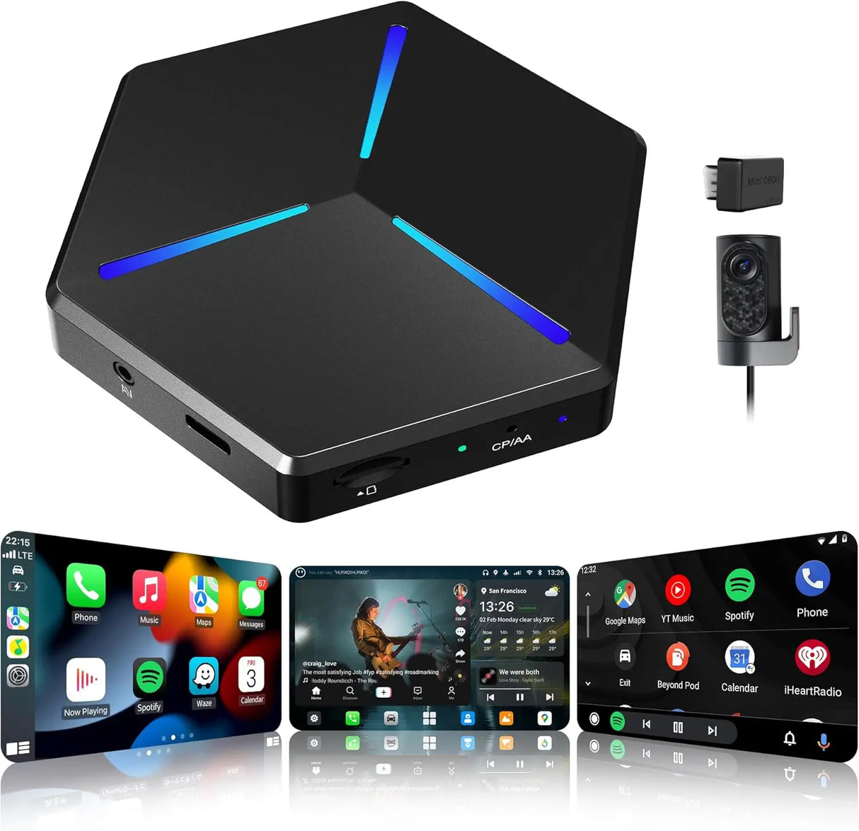 ATOTO CB7PO CarPlay AI Box mit 1080P DVR Kamera & OBD2 Scanner, Android 13, Kabelloses CarPlay & Android Auto, 4G LTE, HDMI, DriveChat AI, ScenePilot 2.0, QCM6125, 8GB+128GB