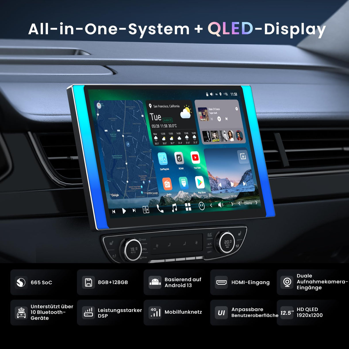 ATOTO X10G225E 12.5" QLED Android Doppel Din Radio, 8G+128G, 4G LTE, KI-Sprachassistent, Kabelloses CarPlay & Android Auto, Duales Mikrofon & BT, LRV, 36B-EQ, HDMI-Eingang
