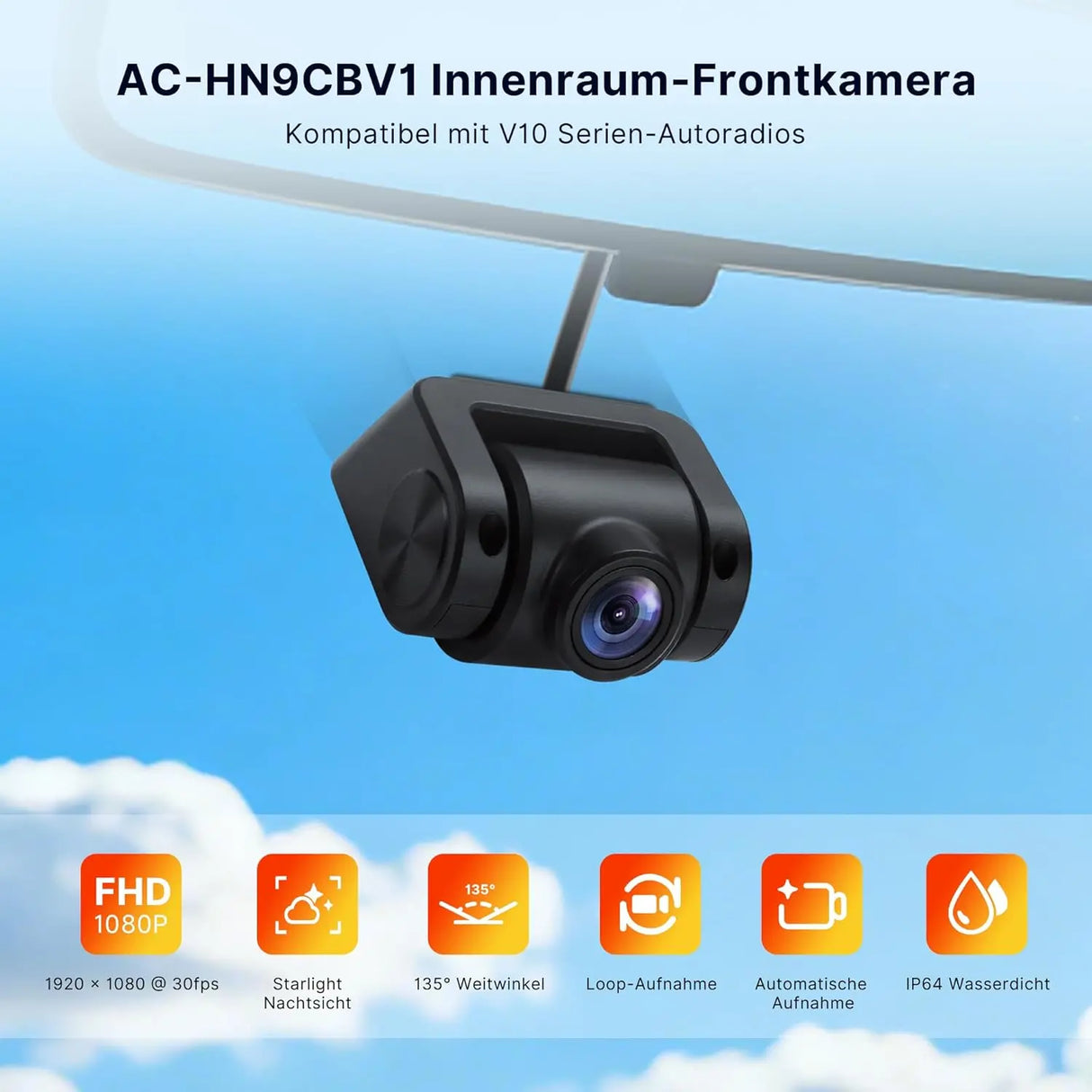 ATOTO AC-HN9CBV1 Innenraumkamera Rückwärts (Vorne Montiert), AHD 1080p 30fps, Starlight-Nachtsicht, 135° Weitwinkel, Loop-Aufnahme, Parkmodus, V10 Serie