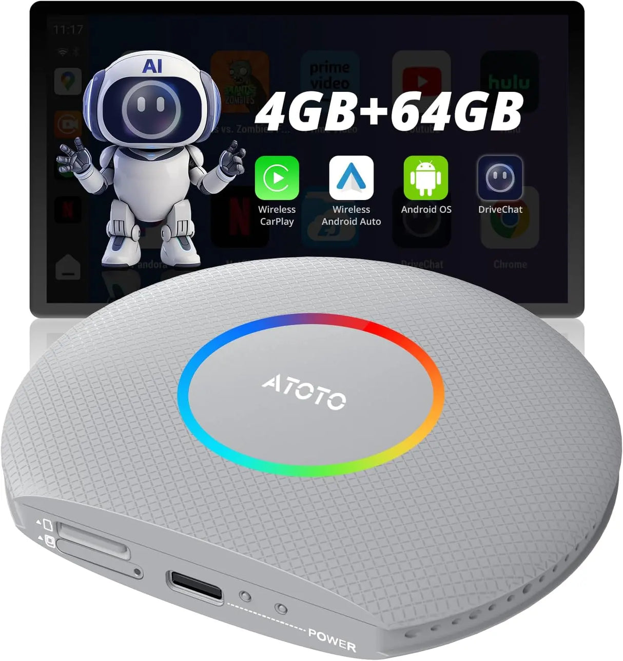 ATOTO CB6 Wireless CarPlay Adapter, 8GB+128GB, AI Box with Dual Bluetooth, AI Voice Assistant, GPS Tracking, Wired to Wireless CarPlay & Android Auto, Multi-App Compatible (Silver)