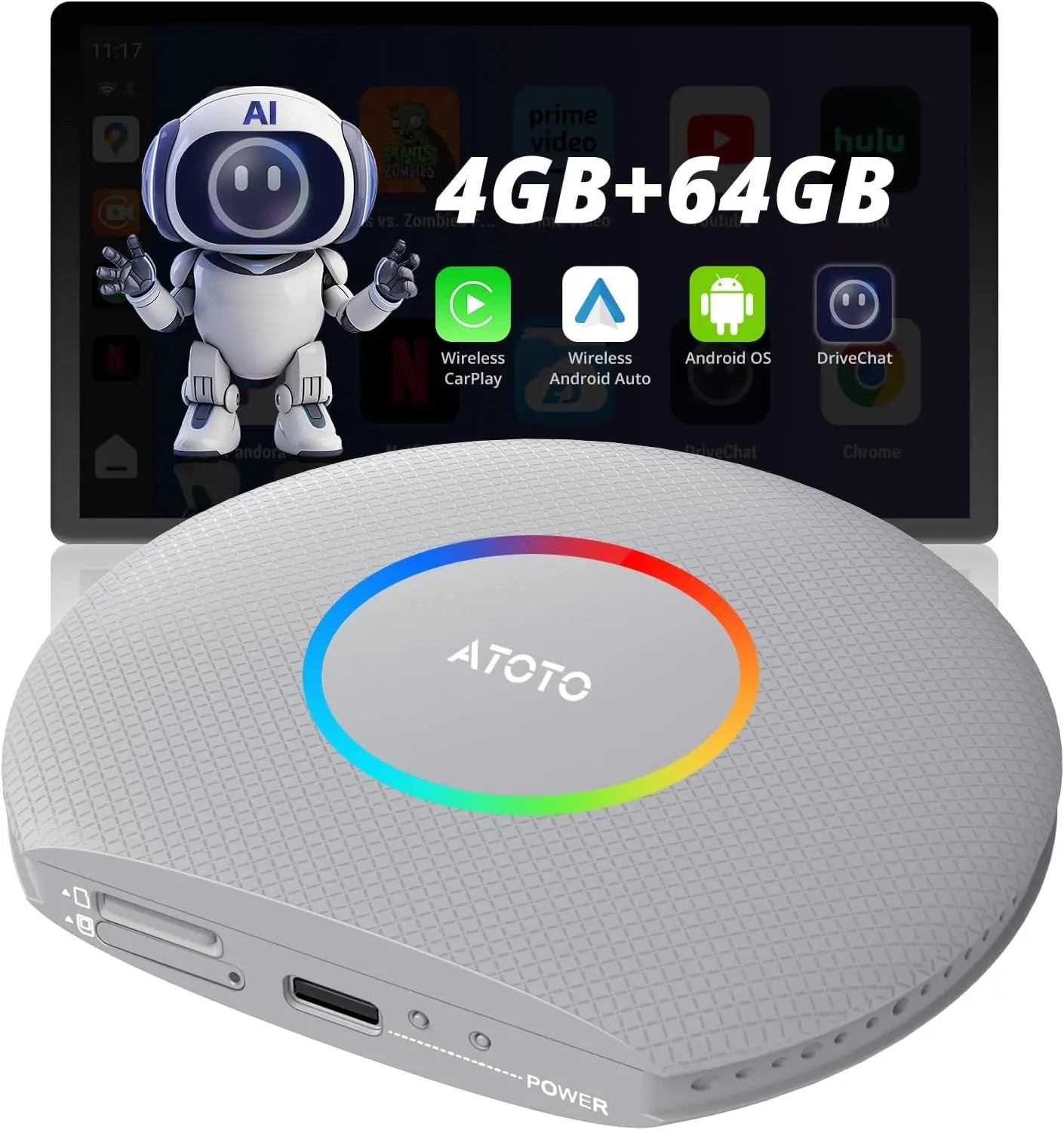 ATOTO CB6 Wireless CarPlay Adapter, 8+128GB, Dual BT, GPS, AI Voice