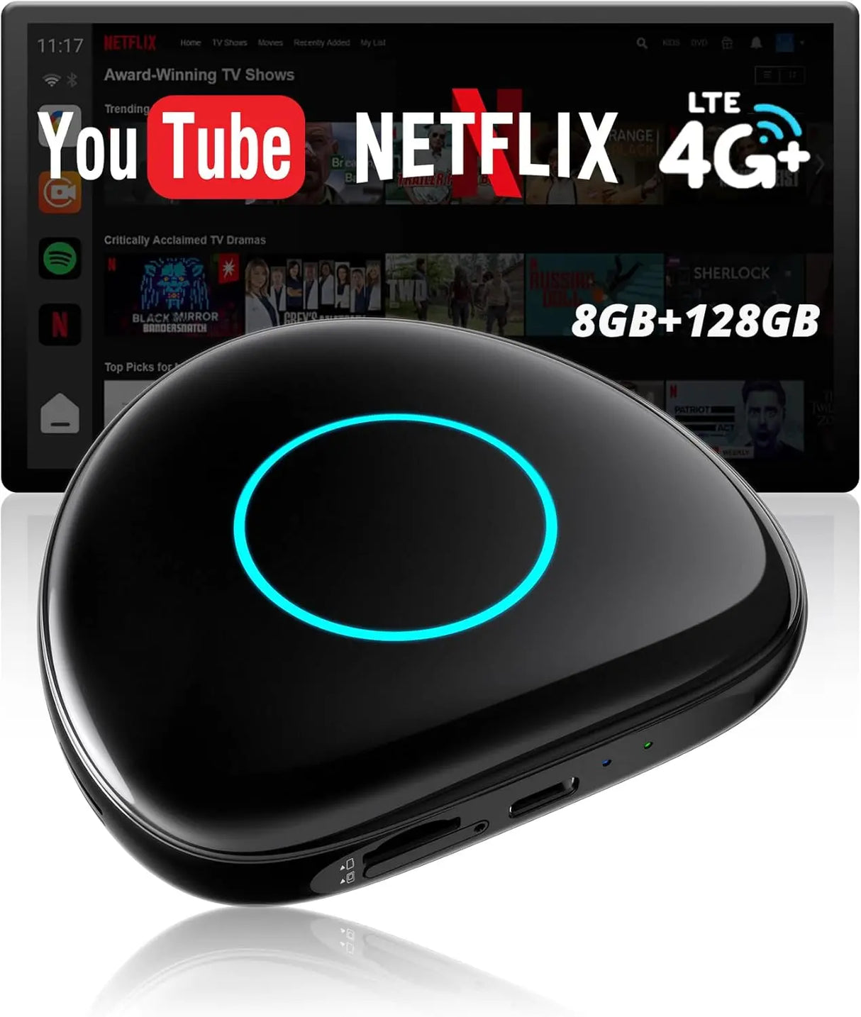 ATOTO CB6 Adaptateur CarPlay Sans Fil – Boîtier CarPlay IA, 8 Go+128 Go Boîtier Streaming pour Voiture avec 4G, Double Bluetooth, USB, GPS Intégré, Assistant IA, Extension microSD, OTA