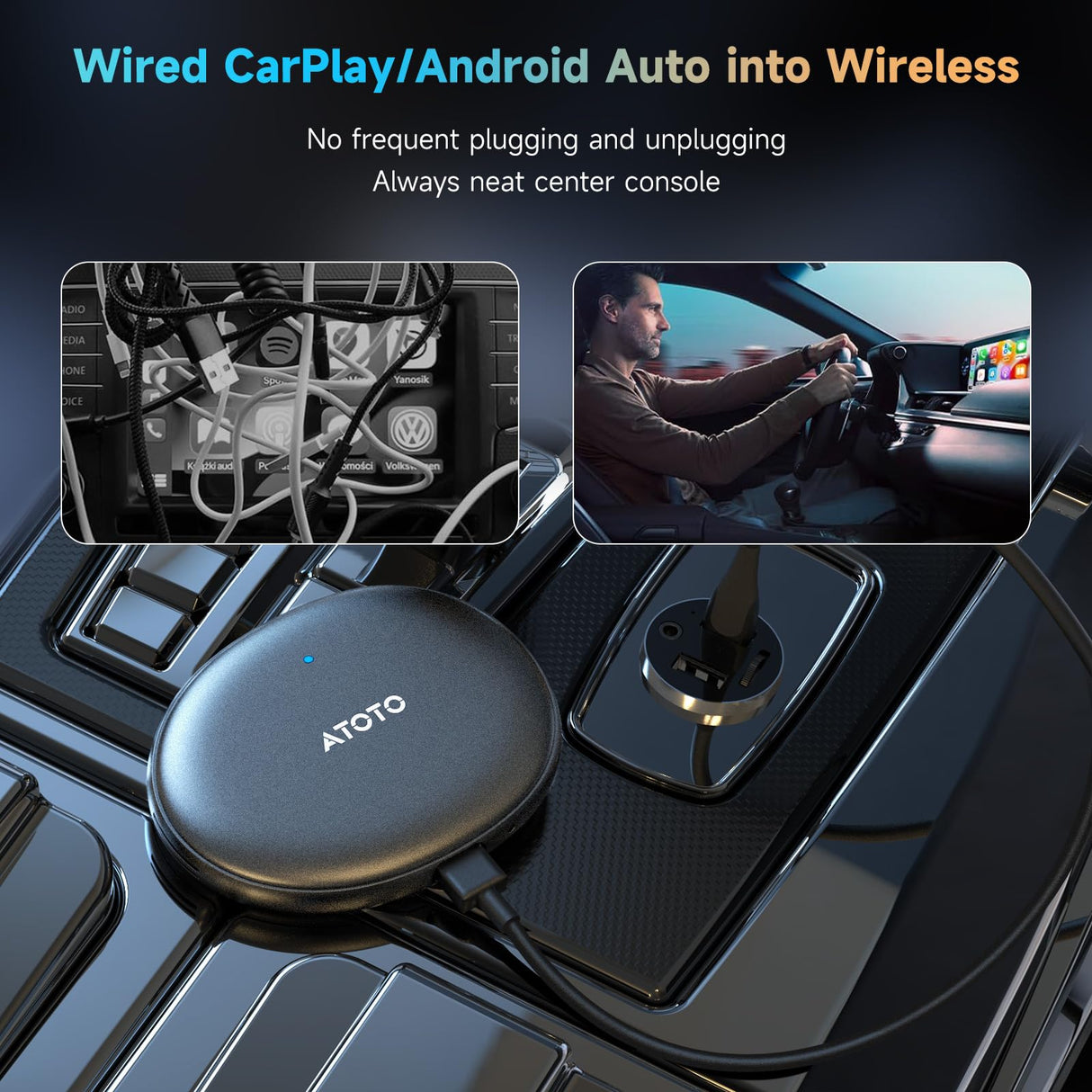 ATOTO AD5 Wireless CarPlay Adapter – Smart AI Magic Video Box with Built-in Android Multimedia System, Enjoy Video & Music Apps, Navigation & Voice Control, Plug & Play for Factory Wired CarPlay Cars
