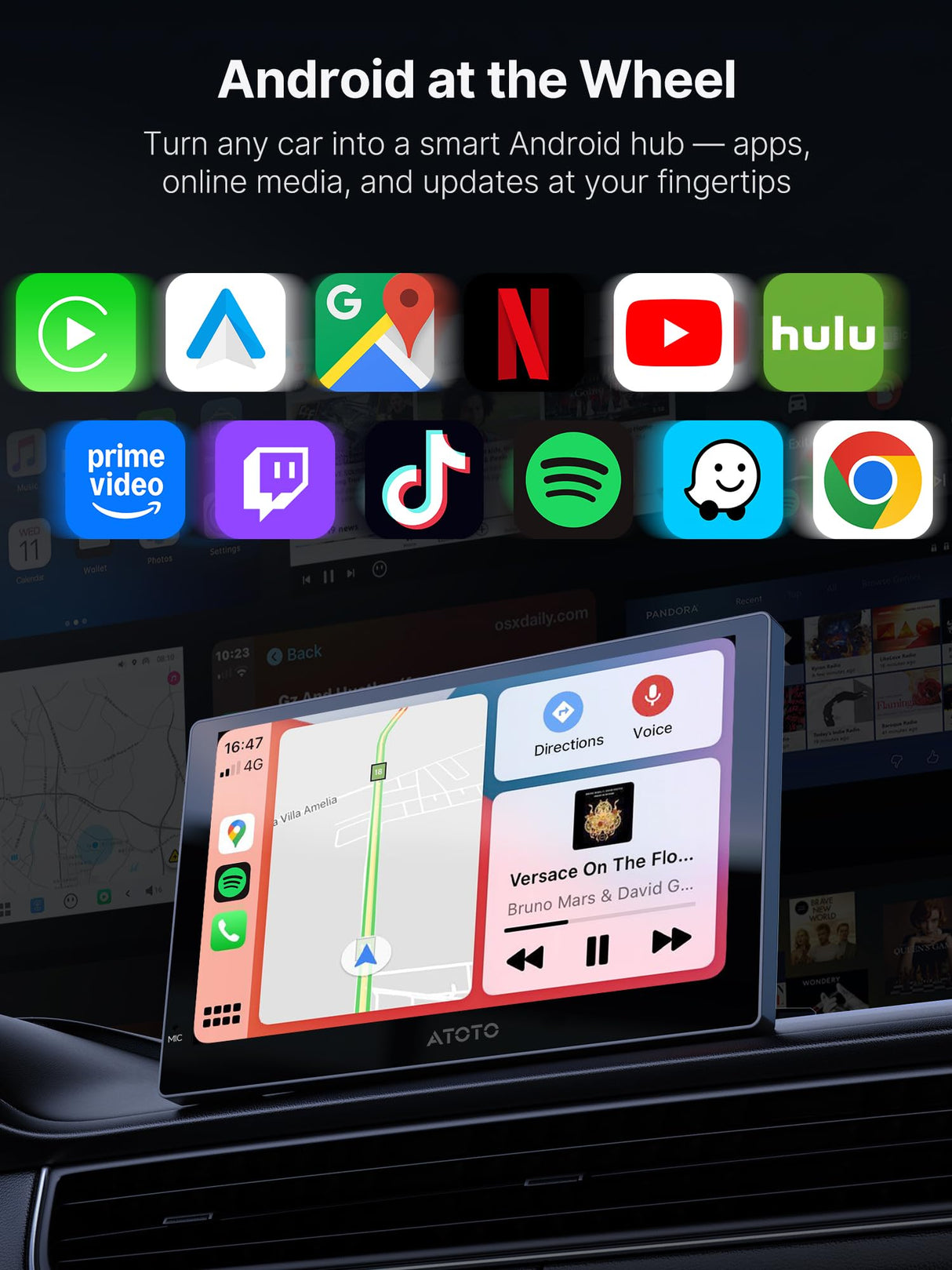 ATOTO P909PR1N-S2 9" QLED Portable Android CarPlay Screen, Wireless CarPlay & Android Auto, Backup Camera, Netflix/YouTube, AI, GPS, Dual BT, MirrorLink, 4G LTE