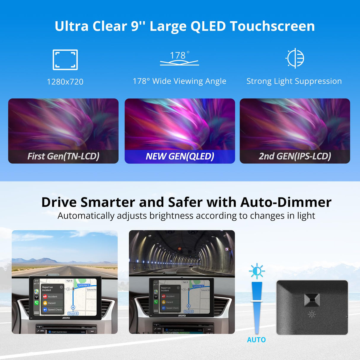 ATOTOEXCEL P5 Autoradio Portatile con CarPlay Senza Fili, Android Auto Senza Fili, 9 Pollici 1028x720 QLED Touchscreen Schermo Per Auto, con telecamera posteriore da 1080P, Mirror Link/FM/AUX