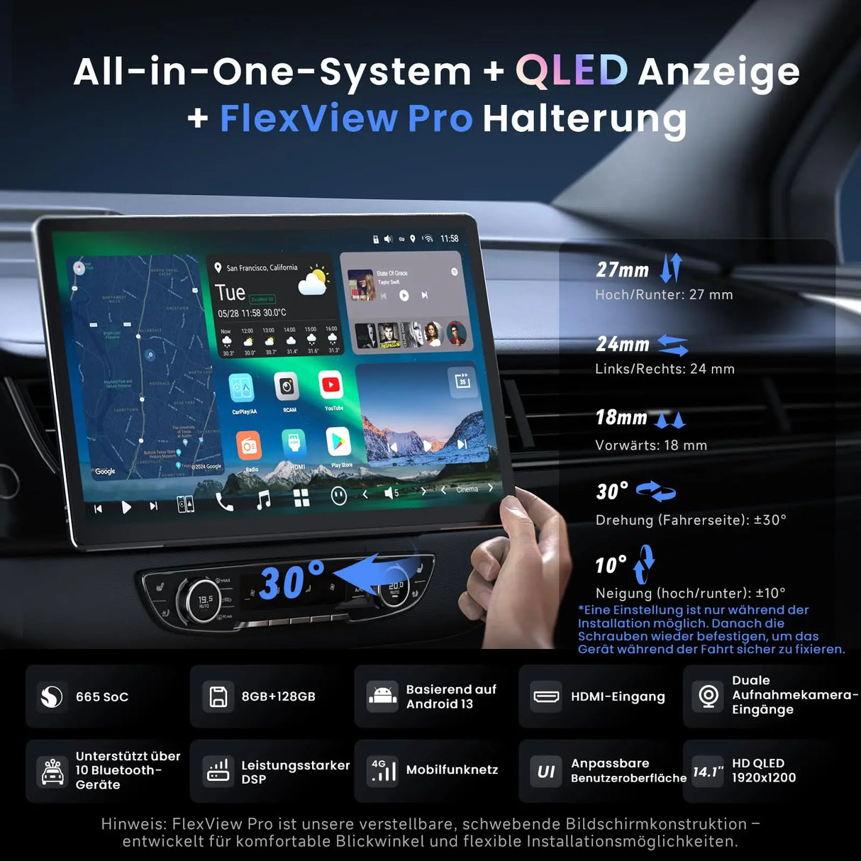 ATOTO X10G141E 14.1" QLED AI Android 1 DIN & Doppel DIN Autoradio Bluetooth, 8G+128G, Flexview-Display, 7.1.2 CH Audio, 4G LTE, Kabelloses CarPlay & Android Auto, 36B-EQ, Dualband-WLAN, HDMI IN