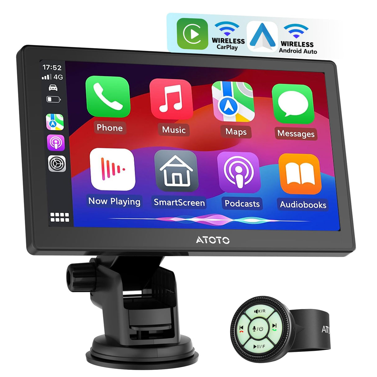 ATOTO Portable Wireless Carplay Android Auto Screen, 7 Inch QLED Glare-Suppressing Car Play Screen with WDR & Auto Dimmer, Steering Wheel Control, GPS BT AUX, P807SD-RM