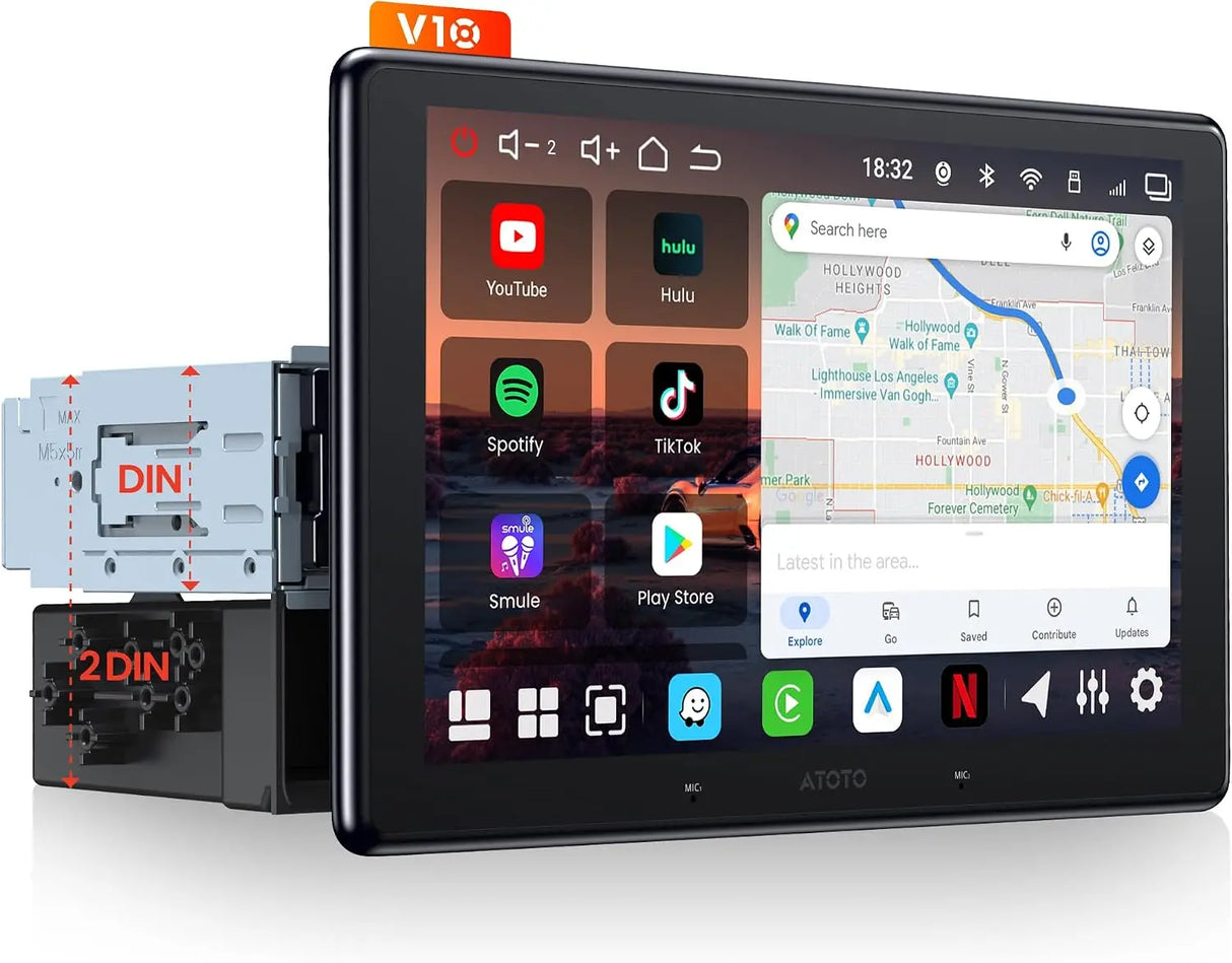 ATOTOEXCEL V10 10.1" 2din e Adattivo 1din Autoradio Android,6G+128G, 4G LTE/Wi-Fi,Karaoke in auto,DVR 4 canali, CarPlay e Android Auto Senza fili,DSP 32B-EQ,BT 5.4, Assistente IA,Tracciamento GPS