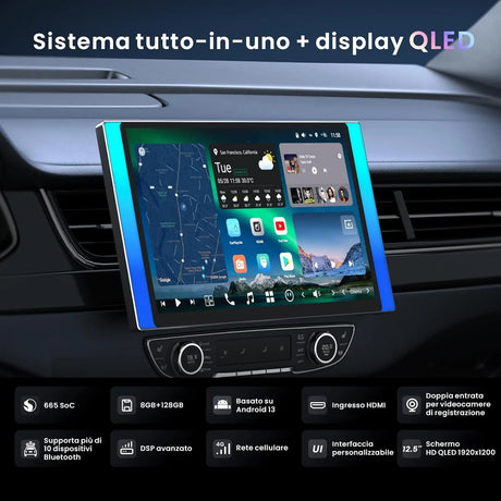 ATOTO X10G225E 12.5" QLED Autoradio Bluetooth 2 Din Android, 8+128 GB, CarPlay senza fili & Android Auto, 4G LTE, Assistente vocale AI, GPS, Doppio microfono, LRV, 36B-EQ, Ingresso HDMI