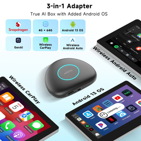 ATOTO CB6C Dongle WIFI CarPlay Inalámbrico Android 13, Caja AI Plug&Play con GPS, Asistente IA, 4G LTE, 4GB+64GB, Negro