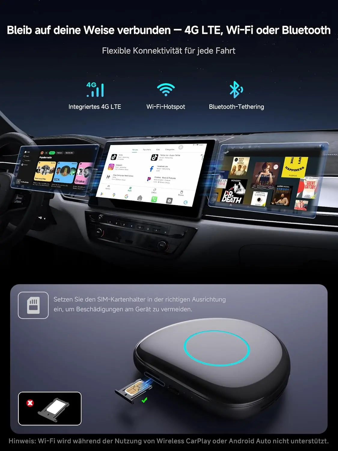 ATOTO CB6 Android Auto Wireless Adapter – CarPlay IA Box, 8GB+128GB Auto-Streaming-Box mit 4G, Dual Bluetooth, USB, integriertem GPS, KI-Assistent, microSD-Erweiterung, OTA