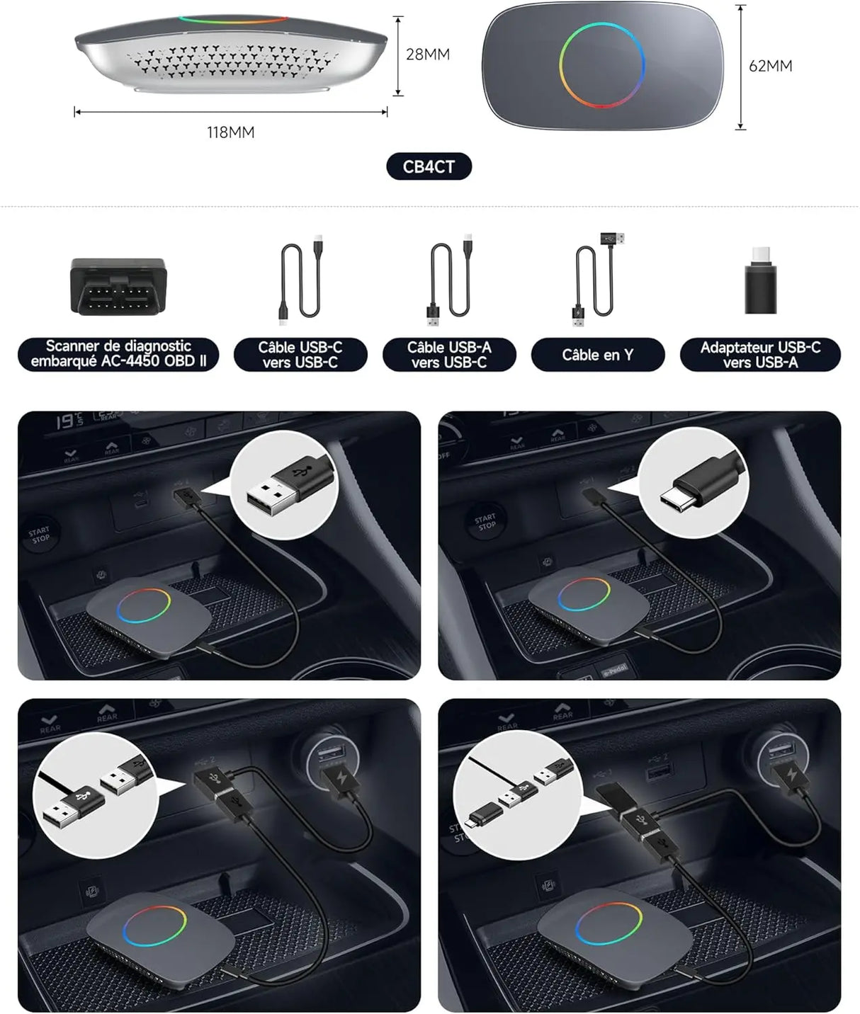 ATOTO CB4CT Adaptateur CarPlay sans fil AI Box, OBD II, Compatible Android Auto & Android 13 OS, 2G+16G, Boîtier Multimédia Voiture pour YouTube/Netflix/Spotify, 4G/WiFi/Bluetooth Double, OTA, Gris