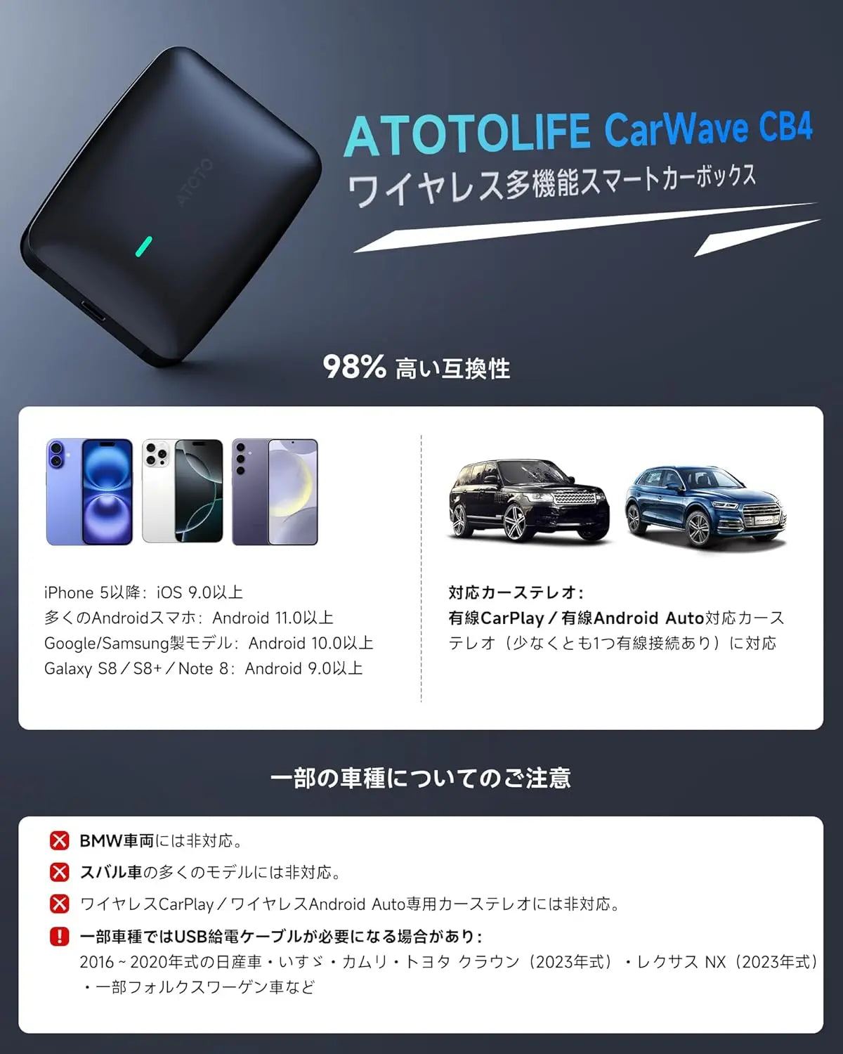 ATOTO CB4Bワイヤレスアダプター｜CarPlay対応・4G+32G・動画視聴可能
