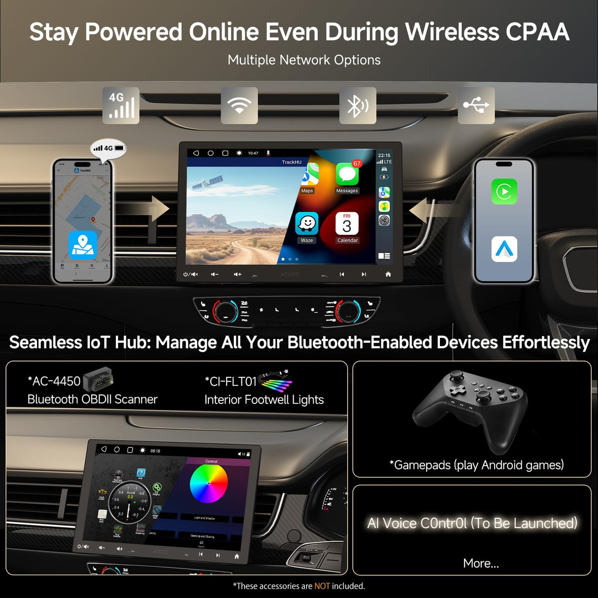 ATOTO 10" S8G1104MS Double-DIN & Single-DIN Adaptive Head Unit with Floating Screen, Android AI-Powered, 4G LTE, Wi-Fi/BT/USB, Wireless CarPlay & Android Auto, 4G+32G, DSP/SCVC/LRV