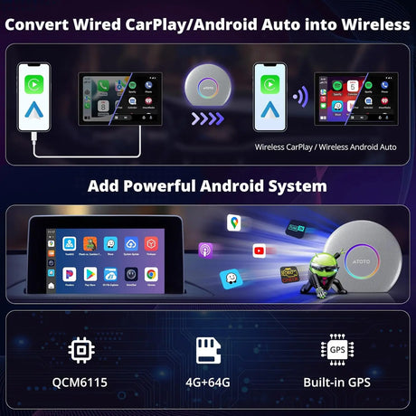 ATOTO CB6A Adattatore CarPlay Wireless – 4GB+64GB, Bluetooth, GPS Tracking, Dongle AI Vocale Intelligente, Compatibile con molte APP, CarPlay/Android Auto Wireless
