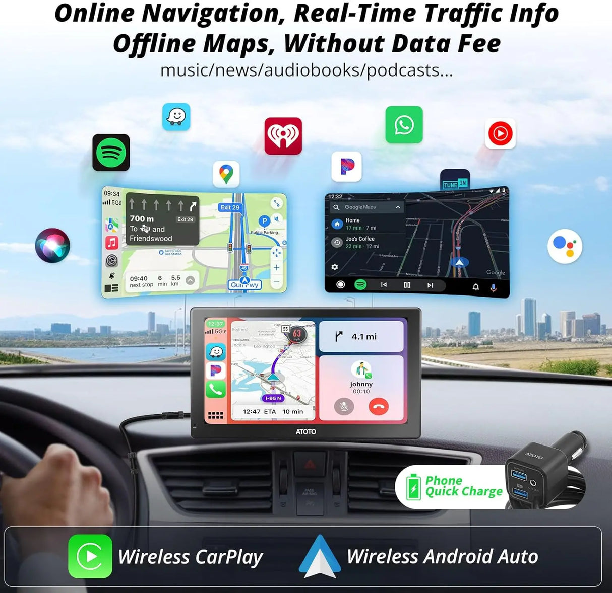 ATOTO P509SD 9-Inch Portable Car Stereo with Wireless CarPlay, Anti-Glare QLED Touchscreen, Wireless Android Auto, Bluetooth, Auto Dimming, MirrorLink, AUX/FM Output