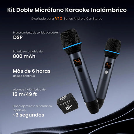 ATOTO AC-MICW2 Kit de Micrófonos Inalámbricos – 2 Micrófonos de Mano Recargables con Receptor, Baja Latencia, Alcance 15 m, 6h Duración, Compatible con Autorradios Serie V10 para Karaoke