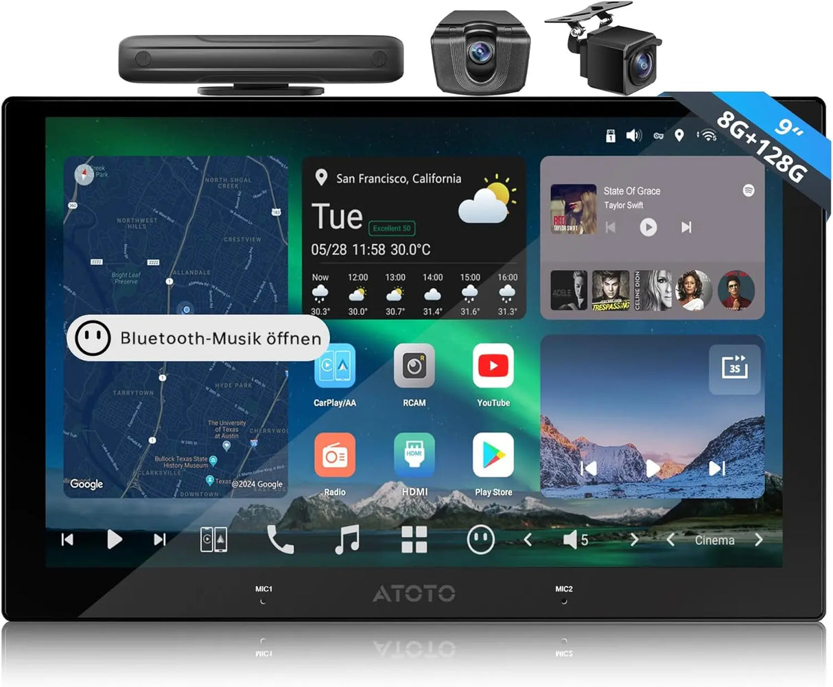 ATOTO X10G209E 9 Zoll Double Din Autoradio – Front- & Rückfahrkamera-Eingang 1080P, QLED Touchscreen, 8GB+128GB Android Autoradio, Wireless CarPlay & Android Auto, 4G LTE, Wi-Fi, Bluetooth, USB, DSP, AMP, Subwoofer, GPS