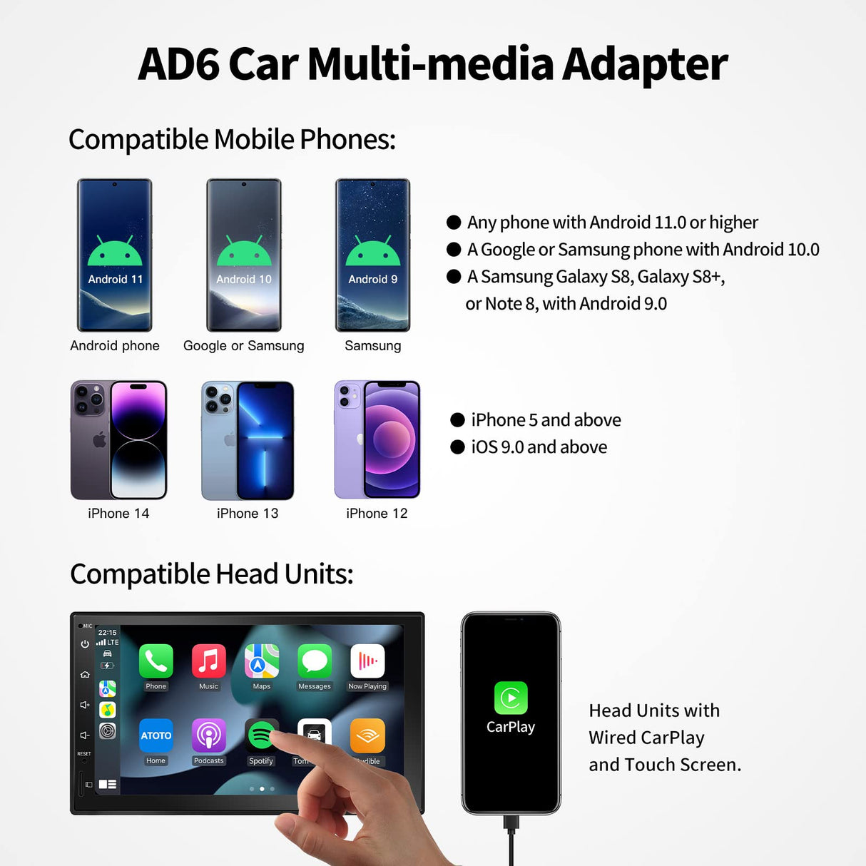 ATOTO AD6 Wireless Android Auto Adapter, Konvertieren von kabelgebundenem in kabelloses Android Auto für Werks- oder Aftermarket-Radio, kompatibel mit VW/Ram Pick-up/Subaru/Benz, Online-Update 