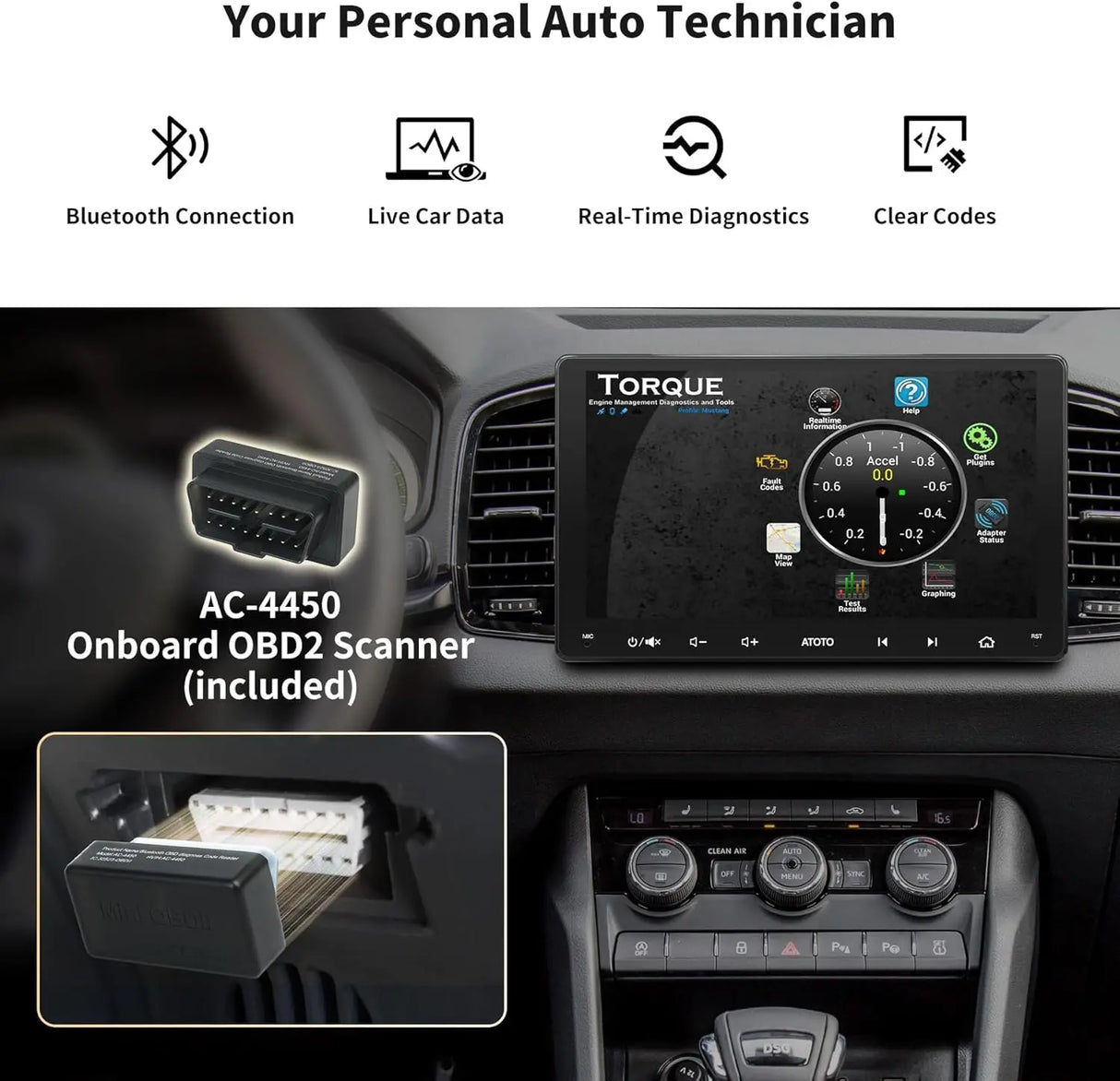 ATOTO S8G2094MS 9" 8-Core Android Double Din Radio with OBD2 Scanner, 4G LTE, Wireless CarPlay & Android Auto, WiFi/BT/USB Tethering, ChatGPT AI, 4G+32G, Dual Bluetooth