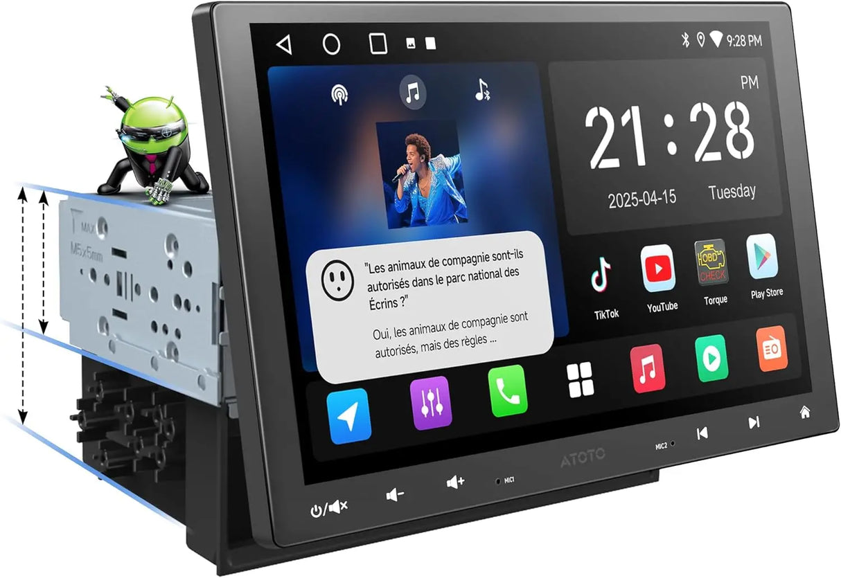 ATOTOZONE A5L 10 Pouces IPS Android Autoradio Adaptatif 2 DIN et 1 DIN, CarPlay et Android Auto sans Fil, Écran à Affichage Flottant, Partage de Connexion Via WiFi/BT/USB, DSP/FM/RDS