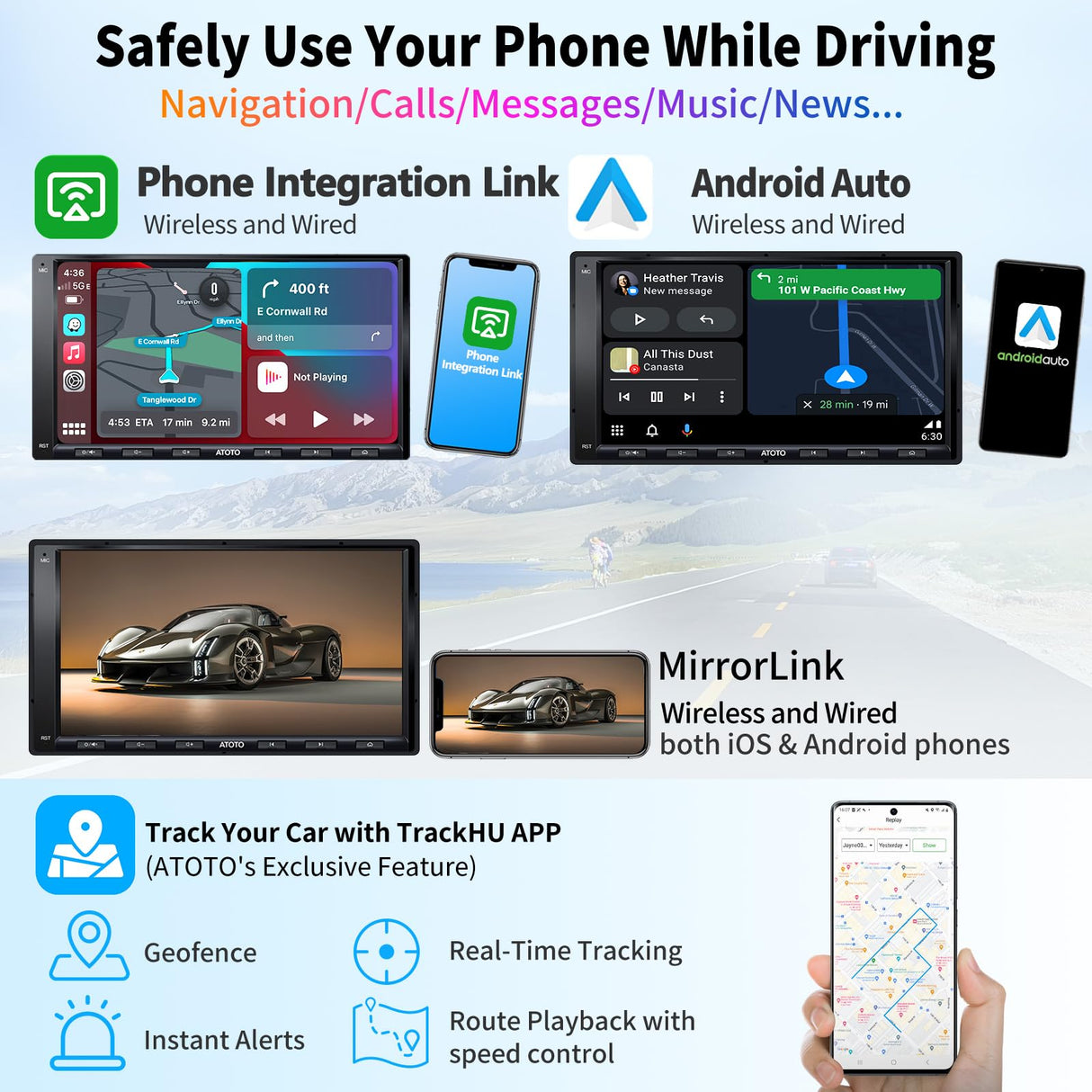 ATOTO A6G2A7PF 7" Double Din Car Stereo, Touchscreen, Wireless CarPlay and Android Auto, Dual Bluetooth, MirrorLink, GPS Navigation, WiFi/BT/USB Tethering, HD LRV, 2G+32G