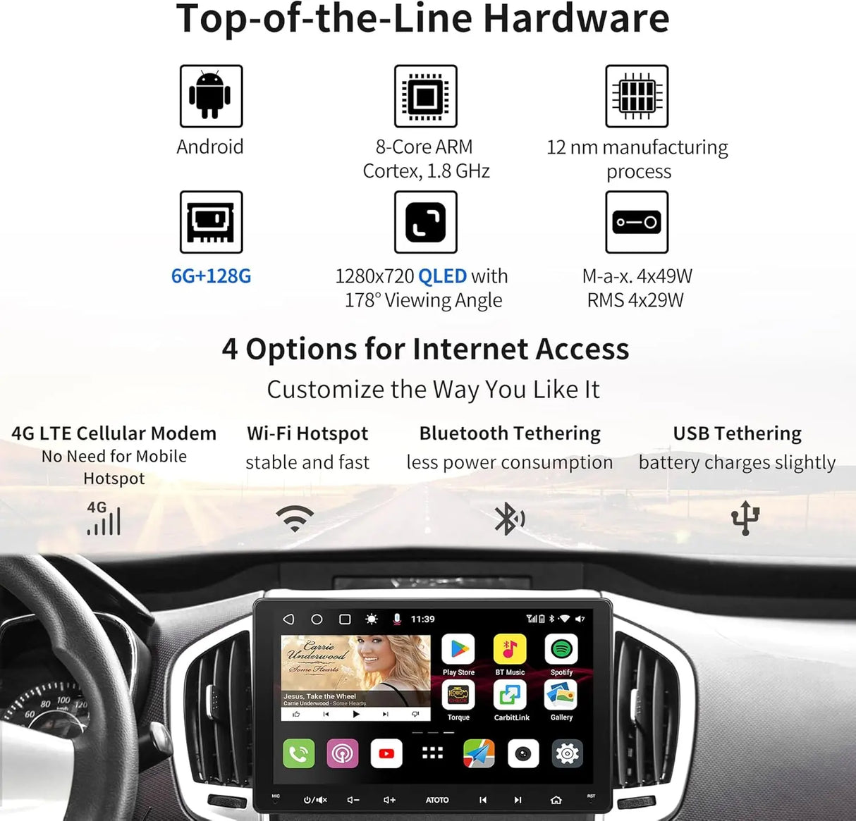 ATOTO S8G2099UN 9" QLED Double Din Car Stereo, Built-in 4G LTE, Wireless CarPlay & Android Auto in-Dash Navigation,4 * 49W Amp,8-Core 6G+128G