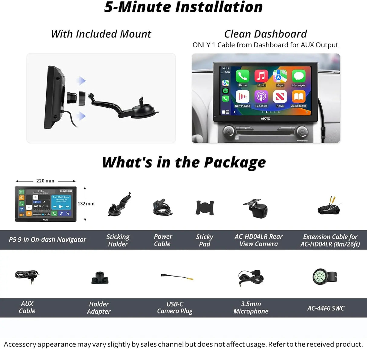 ATOTO P5 9" GPS Per Auto – Telecamera Posteriore 1080P, QLED Touchscreen 1028x720, CarPlay Senza Fili, Android Auto Senza Fili, Mirror Link, FM, AUX, Autoradio Portatile