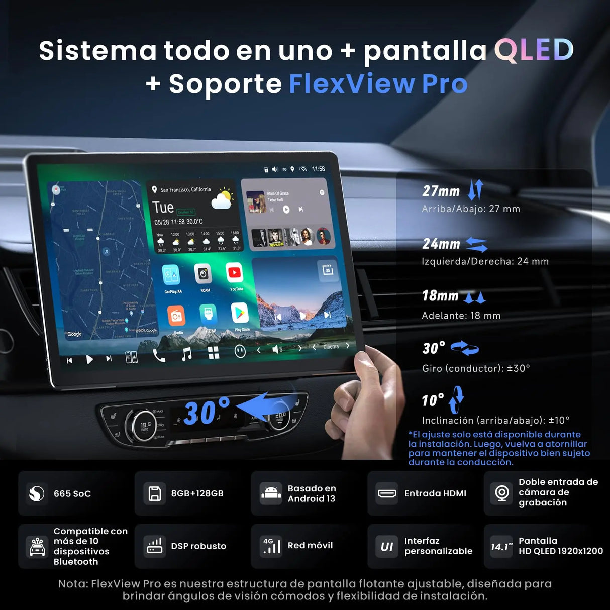 ATOTO 14.1" QLED X10G141E 1 y 2 DIN Radio Android, 8GB+128GB, Pantalla Flexview, Sonido 7.1.2 CH, CarPlay y Android Auto inalámbricos, 4G LTE, Wi-Fi Doble Banda, 36B-EQ, HDMI IN