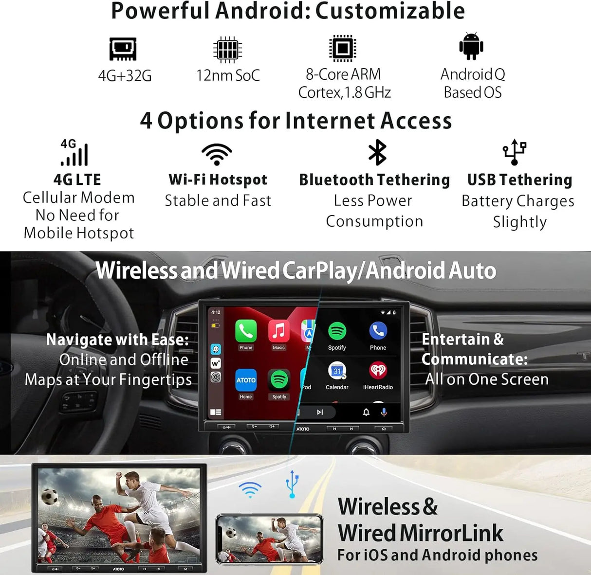 ATOTO S8G1104PRN Autoradio Android AI 2DIN 10,1″ QLED, 4GB+32GB, CarPlay & Android Auto Wireless, 4 Opzioni Internet, Doppio Bluetooth, Amplificatore 4×29W, EQ 36 Bande, HDMI, SCVC, LRV & GPS