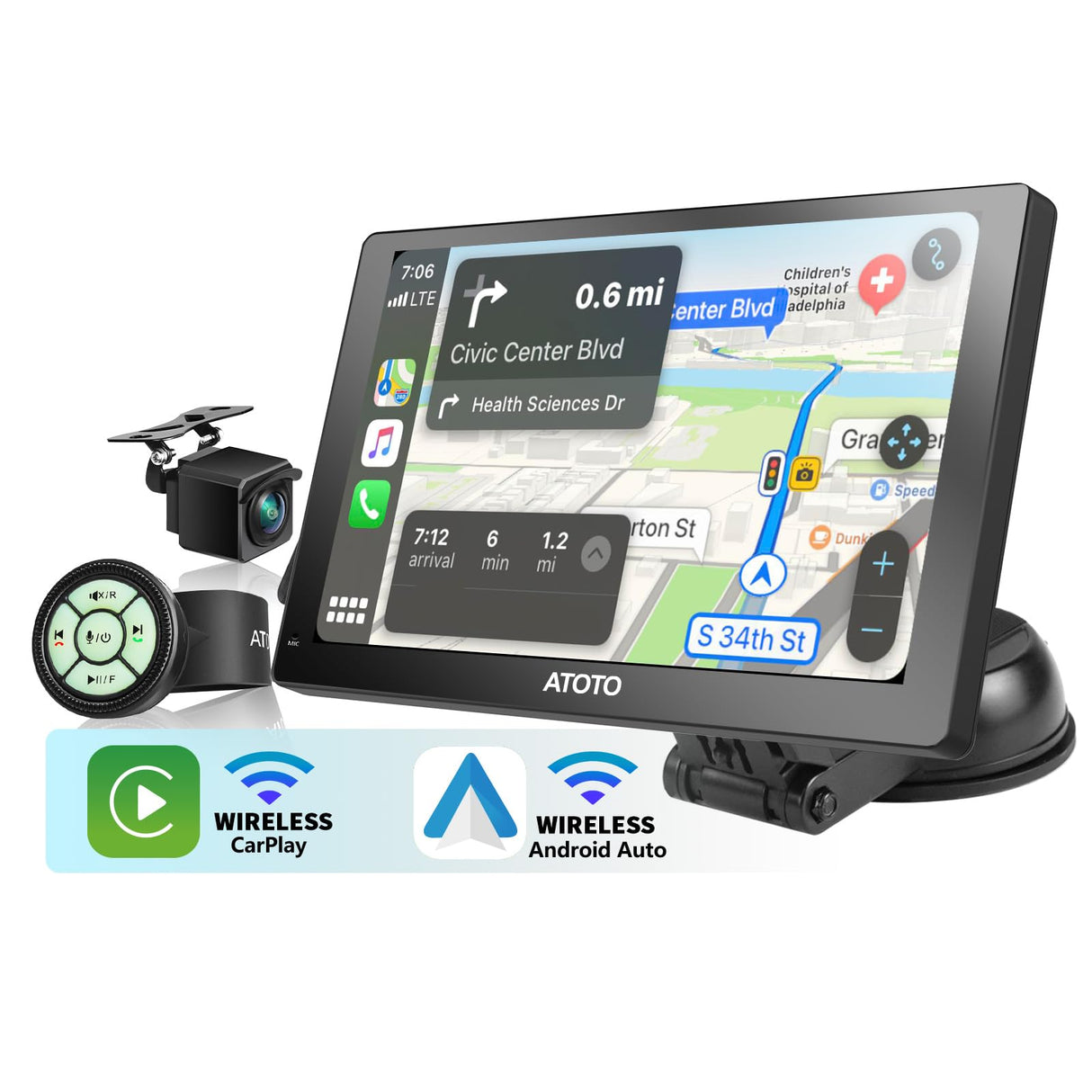 ATOTO 7 inch Portable Car Radio Wireless Carplay and Android Auto Screen, HD 1080P Rear DVR Camera, On-Dash Camera Input, Remote Control, WDR & Auto Dimmer, P807SD-RC