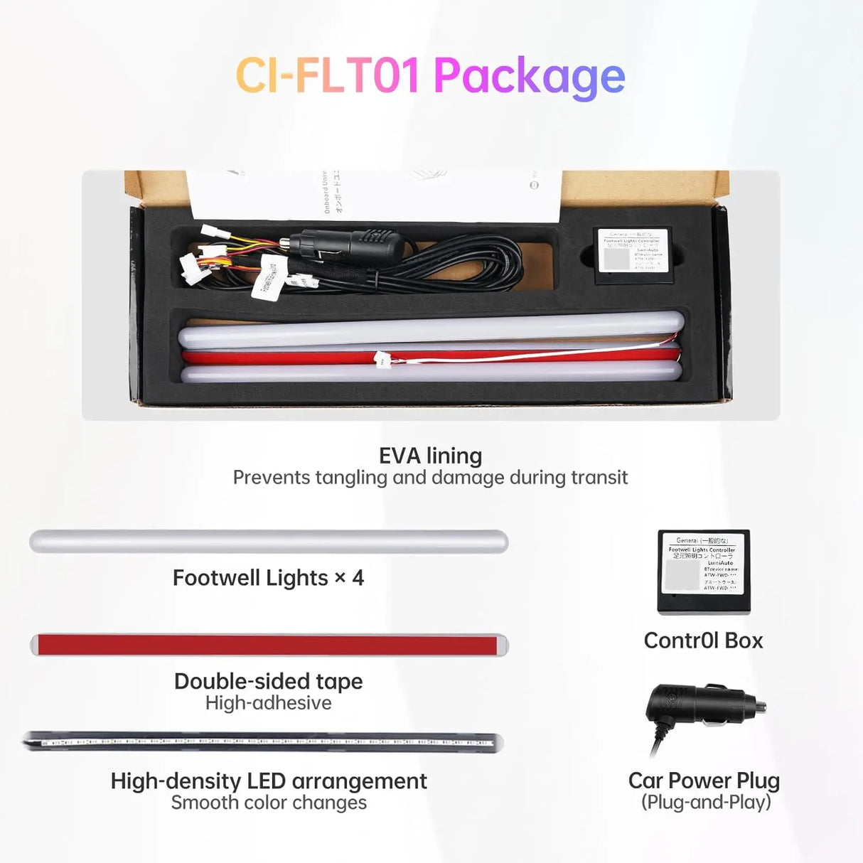 ATOTO CI-FLT01 Car LED Footwell Lights, 160 RGB LEDs, Interior Neon Lights, APP Wireless Control, DIY 21 Color Modes, 6 Music Modes, 16M+ Colors, Front and Rear Independent Adjustment