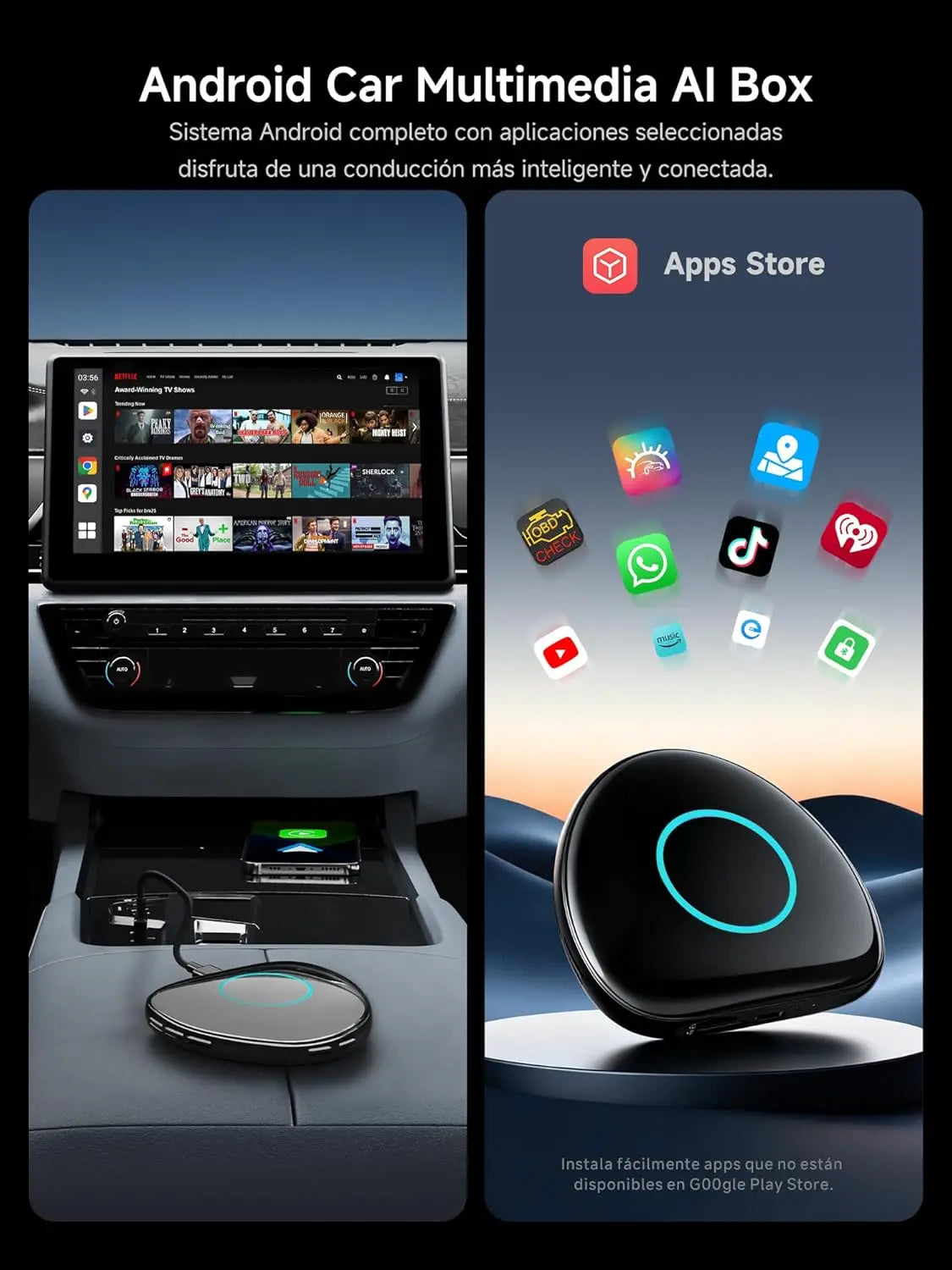 ATOTO CB6 Adaptateur CarPlay Sans Fil – Boîtier CarPlay IA, 8 Go+128 Go Boîtier Streaming pour Voiture avec 4G, Double Bluetooth, USB, GPS Intégré, Assistant IA, Extension microSD, OTA