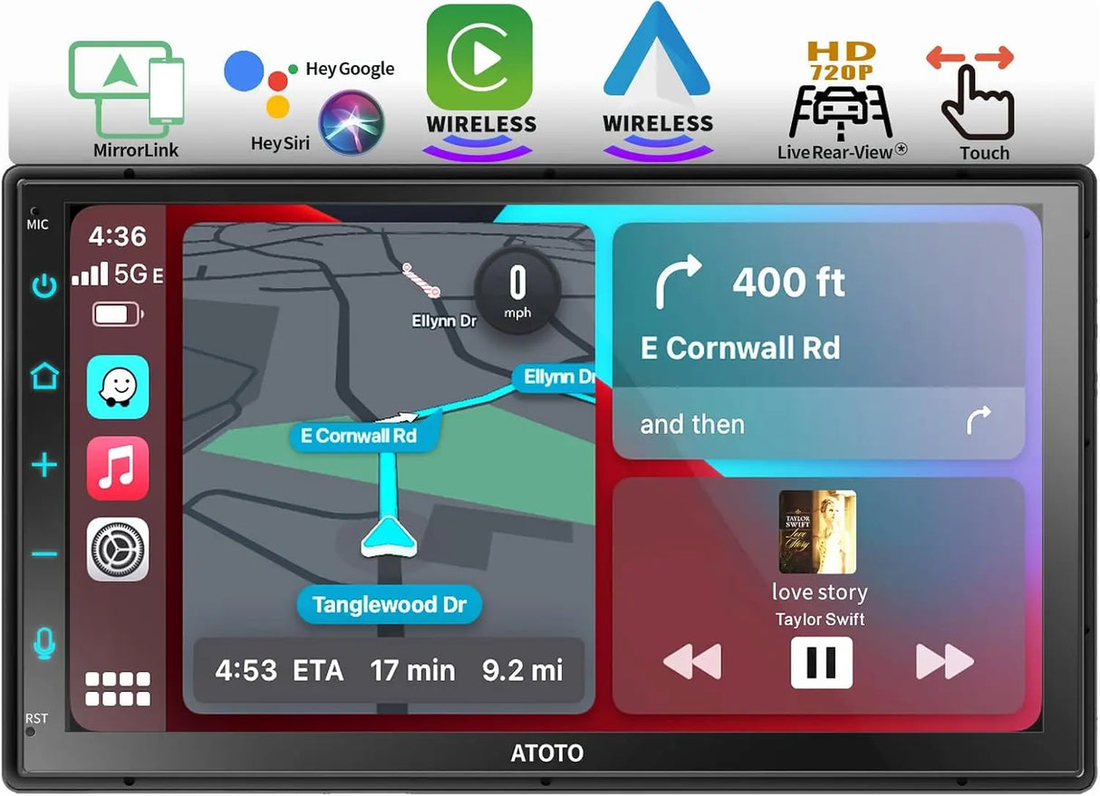 ATOTO F7G2B7WE 7" Double Din Head Unit with Wireless CarPlay & Android Auto, HD Touchscreen, Bluetooth, GPS Navigation, FM/AM, MirrorLink, HD Live Rearview, Voice Control
